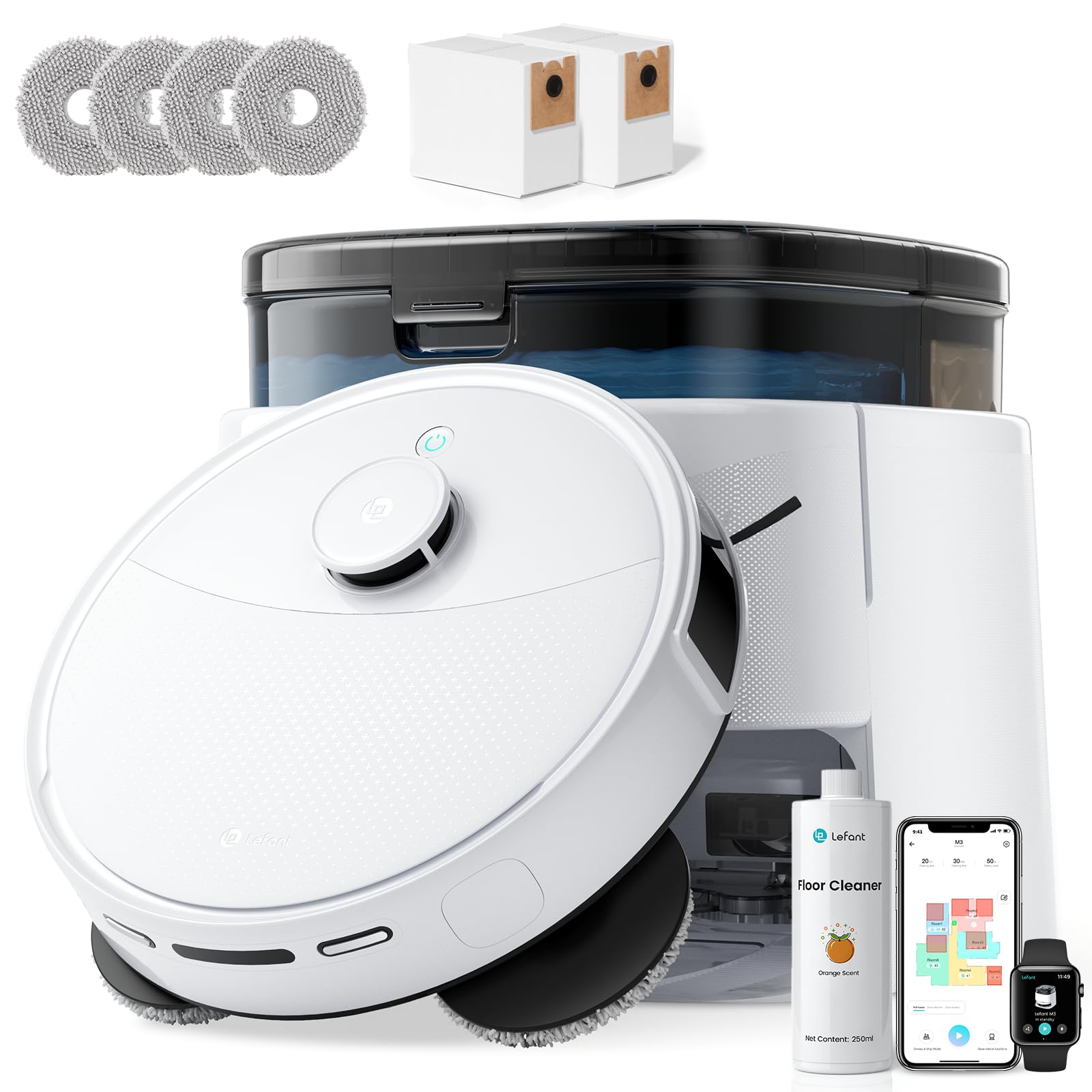Lefant M3 Robot Aspirapolvere Lavapavimenti con Mappatura, 12000Pa, Navigazione LiDAR dToF, Evitamento Ostacoli PSD, Svuotamento Riempimento, Lavaggio e Asciugatura Automatici, WiFi 2.4G/5G, Alexa/APP