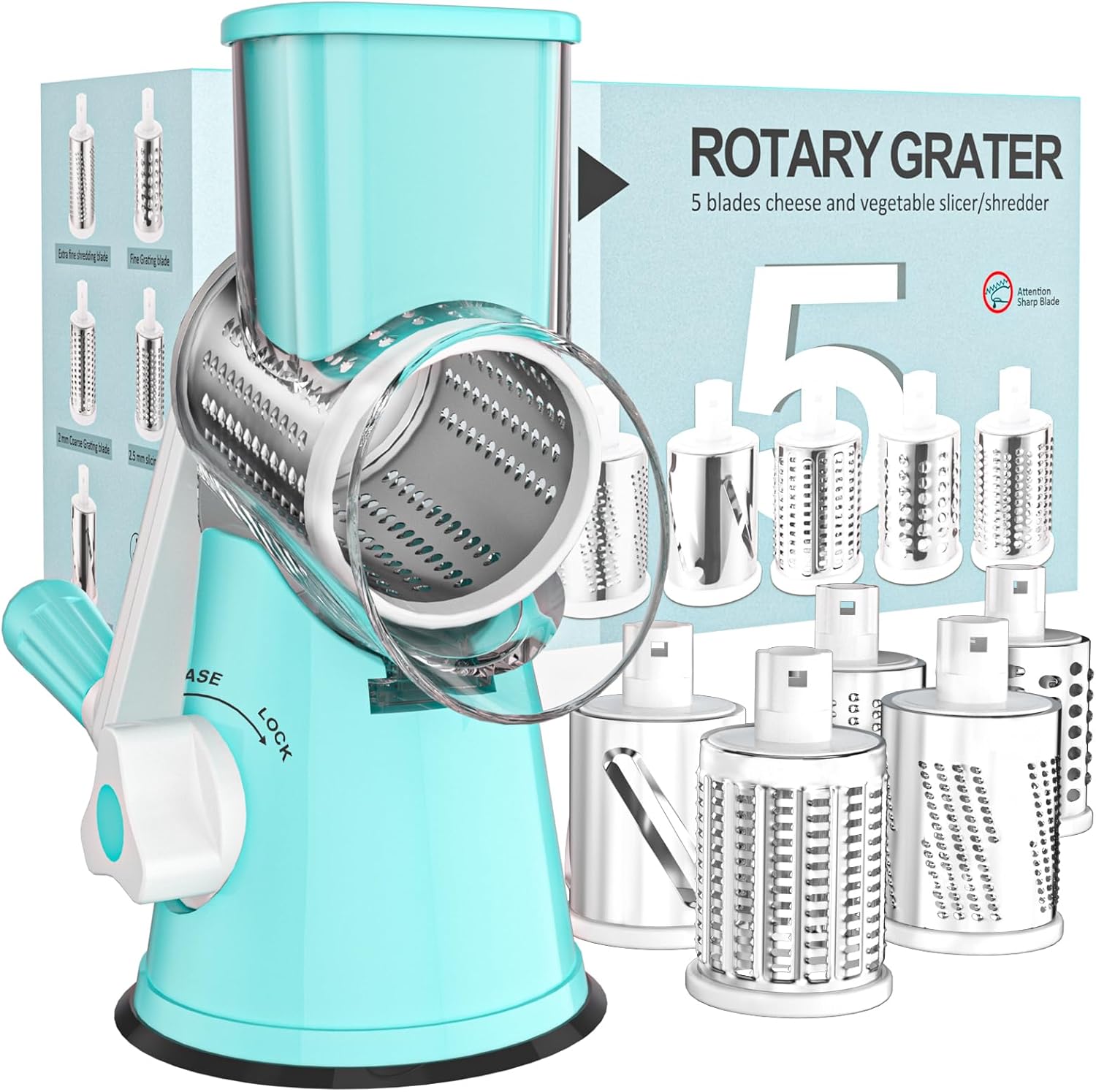 Cambom Rotary Cheese Grater Hand Crank Cheese Shredder for Fresh Cheese, Vegetable, Nuts,Non-slip Suction Base, Five Blades, Blue Cambom Rotary Cheese Grater Hand Crank Cheese Shredder for Fresh Cheese, Vegetable, Nuts,Non-slip Suction Base, Five Blades, Blue