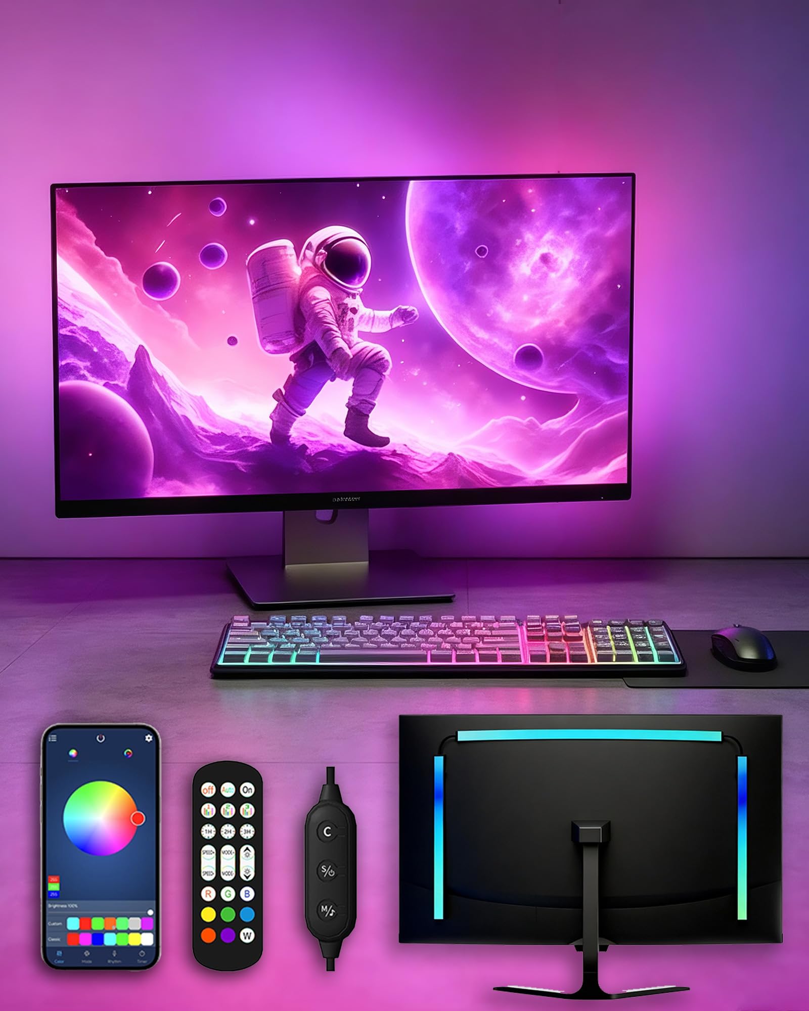 Retroiluminación LED RGB para monitor, control de aplicación inteligente, múltiples modos, sincronización de música, puerto USB (para monitor de 24 pulgadas, estándar)