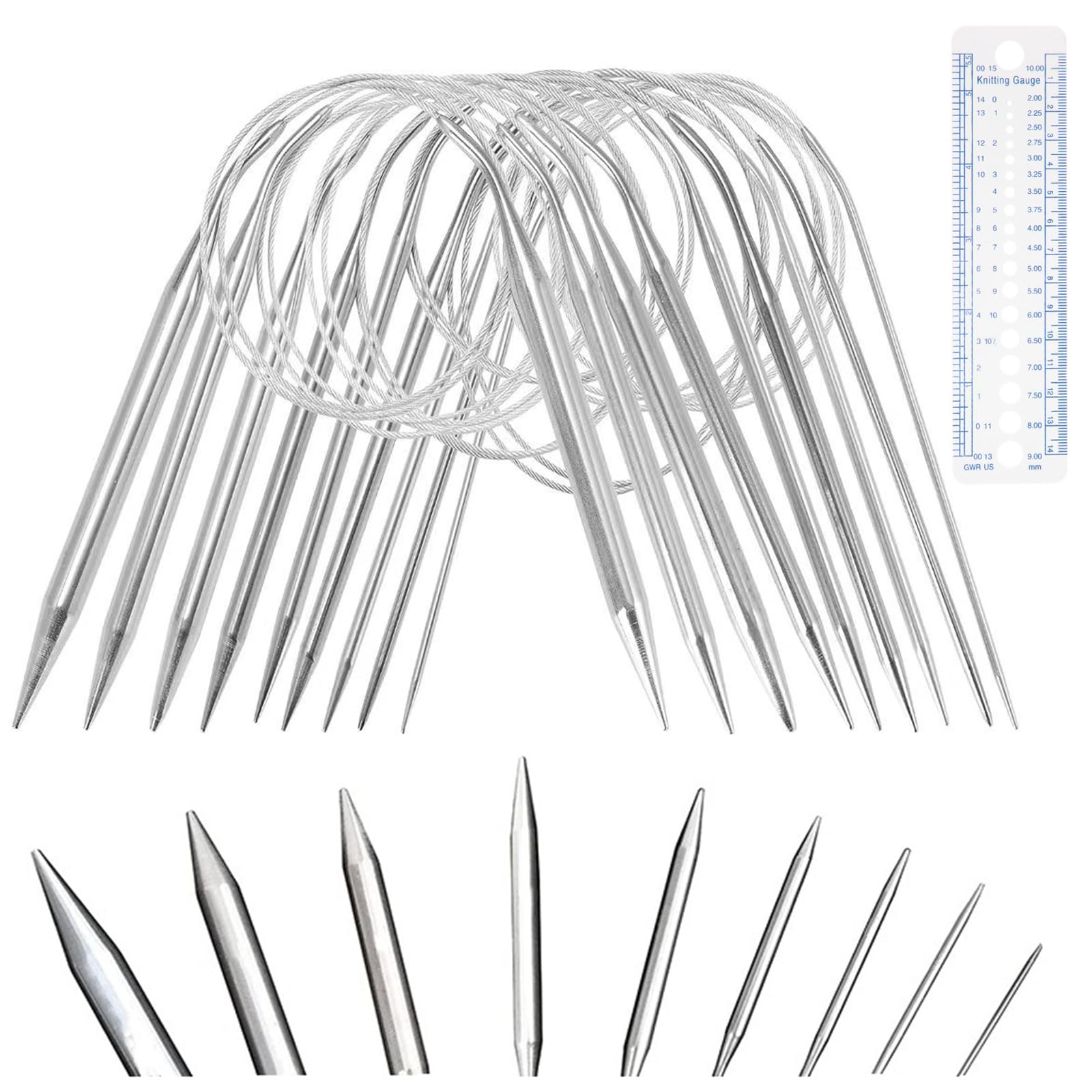 Circular Knitting Needles 40 cm, 9 Pieces Stainless Steel Circular Knitting Needle Set 2.5-10 mm Short Circular Knitting Needle for Beginners, Sock Knitting Needles Crochet Hook for Socks Hat Sleeves