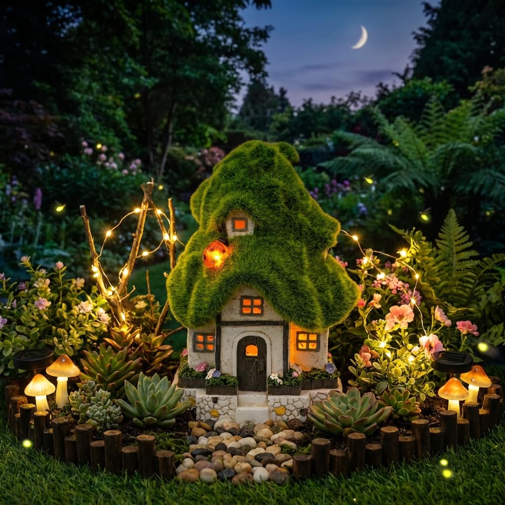 TERESA'S COLLECTIONS Estatua de jardín flocada y figura de casa de hadas con luces solares, estatuas de resina al aire libre, decoración de jardín de cabaña, adornos de césped para decoración de