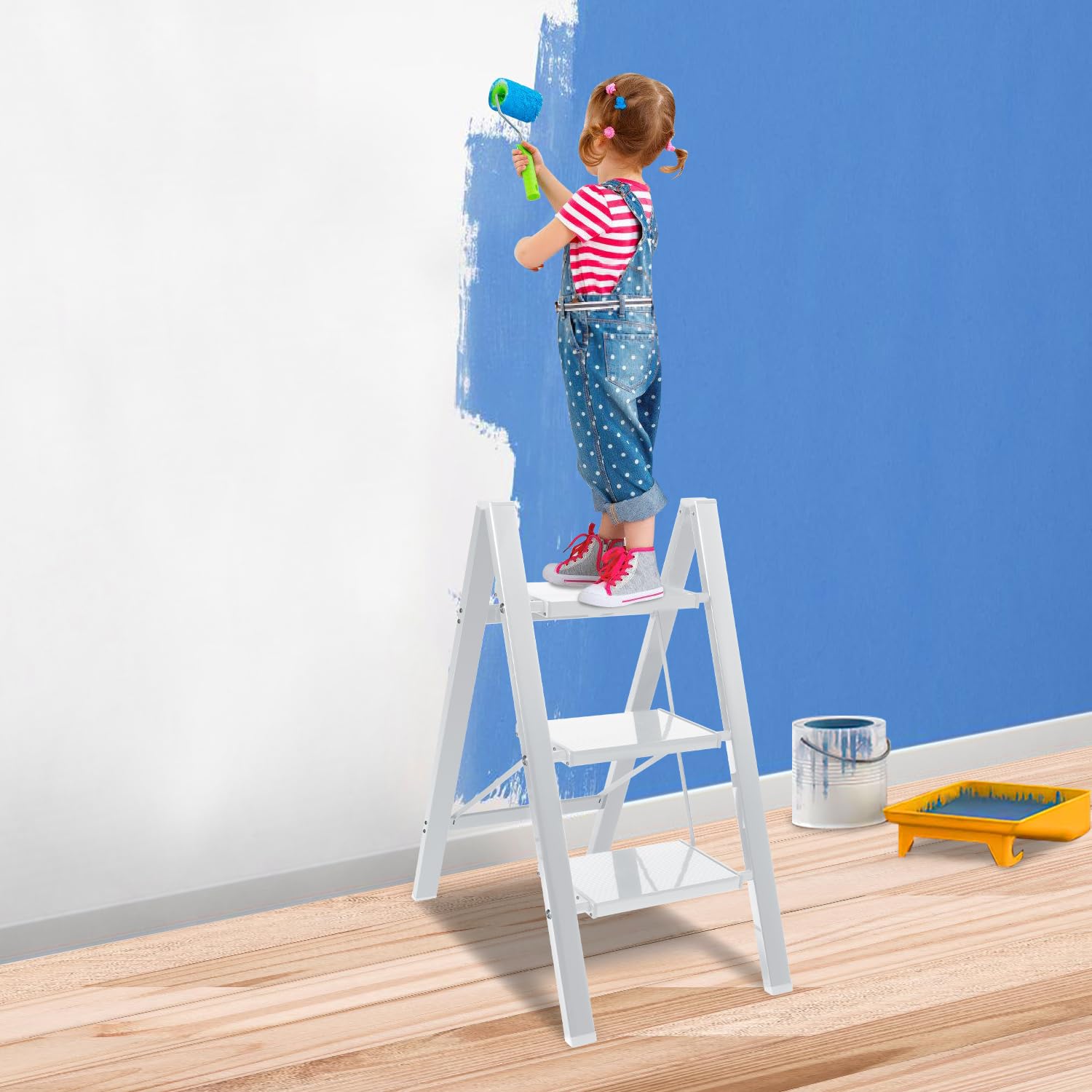 Eulenke Ladder met 4 treden, aluminium, inklapbaar, lichte staande ladder, trapladder, 4 treden, antislip ladder met klapbeveiliging, vouwladder voor huishouden, keuken, belastbaar tot 150 kg