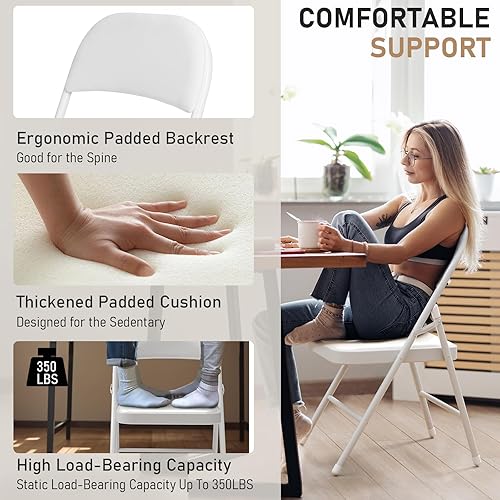 Miniatura 4 de Paquete de 12 sillas plegables blancas con cojín acolchado y respaldo para exteriores, sillas plegables comerciales apilables portátiles con marco