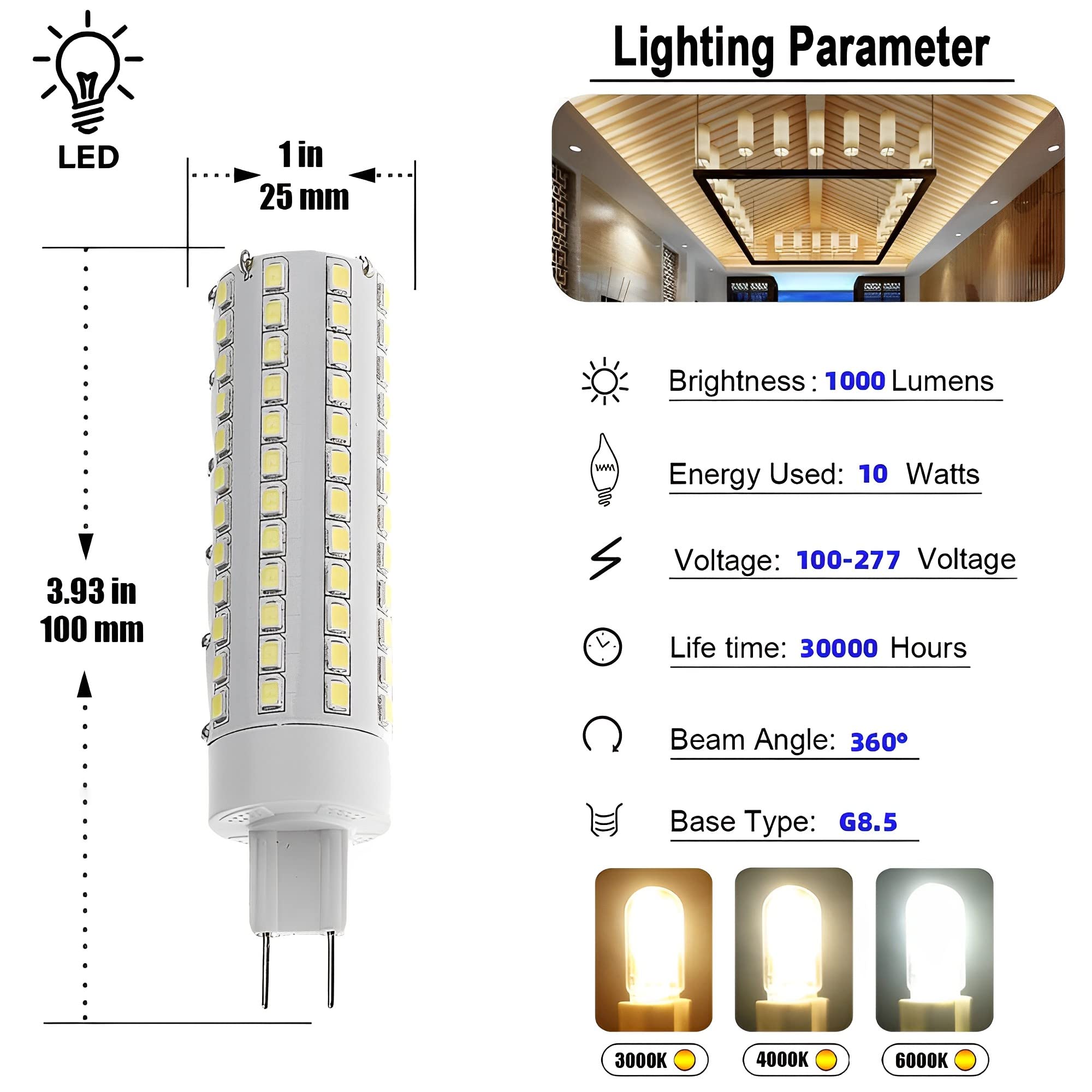 LED-G8,5-Glühbirne 10W [10er Pack] | 1000 Lumen mit 3000K/4000K/6000K | Konstantstrom & Flackerfrei | Bi-Pin-Sockel | AC 100-277V | Nicht dimmbar