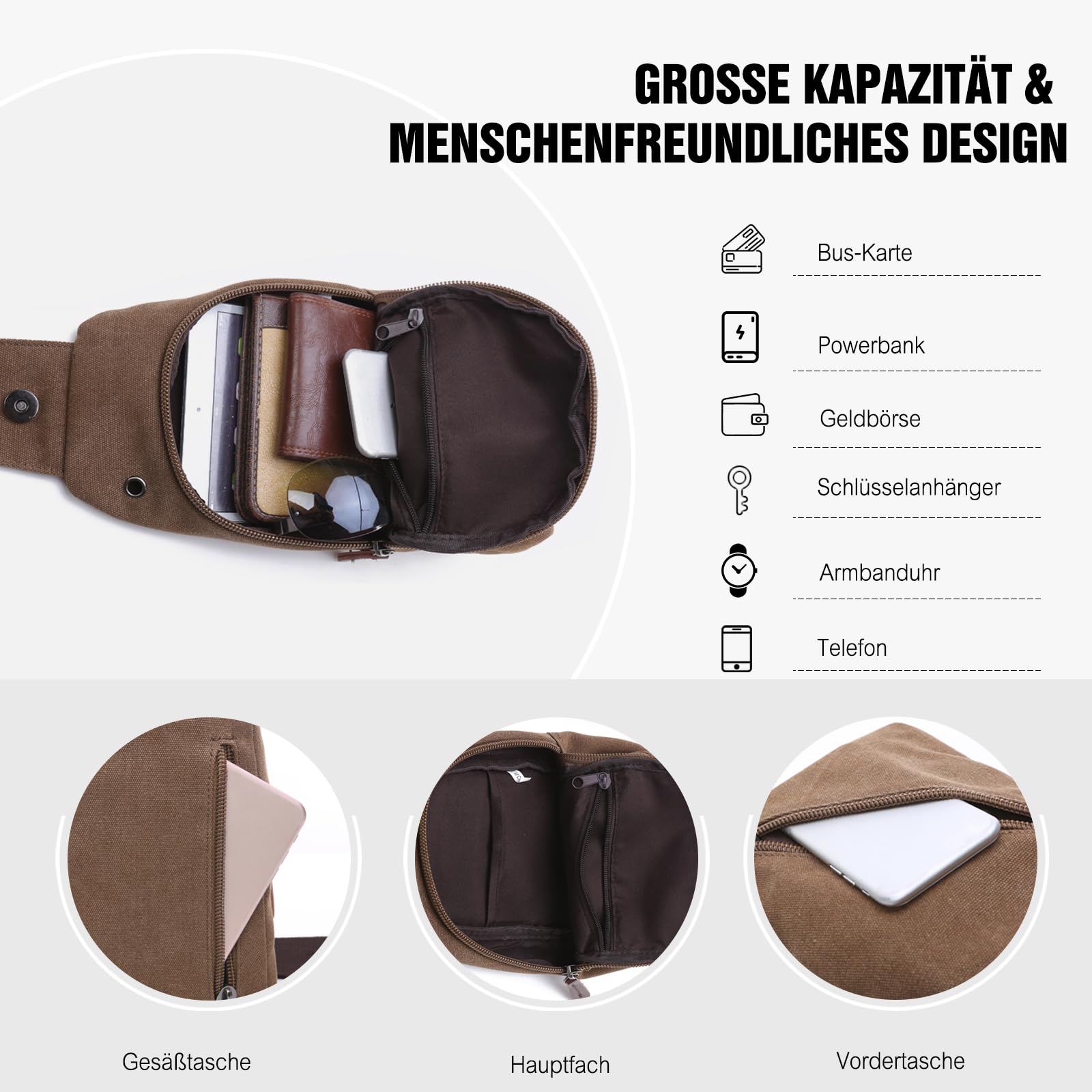 FANDARE Retro Brusttasche Segeltuch Schultertasche Herren Damen Sling Bag Crossover Rucksack Umhängetasche Sporttasche für Outdoor Reisen Wandern Abenteuer Sport Crossbody Bag