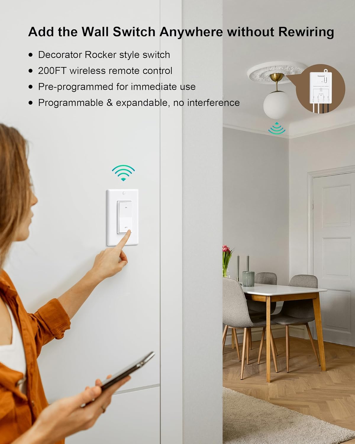 Wireless Light Switch and Receiver Kit, Decorator Rocker Wall Switch, 200FT Long Range RF Remote Control, No in-Wall Wiring Required, Programmable & Expandable for Ceiling Light, Fans, Lamps