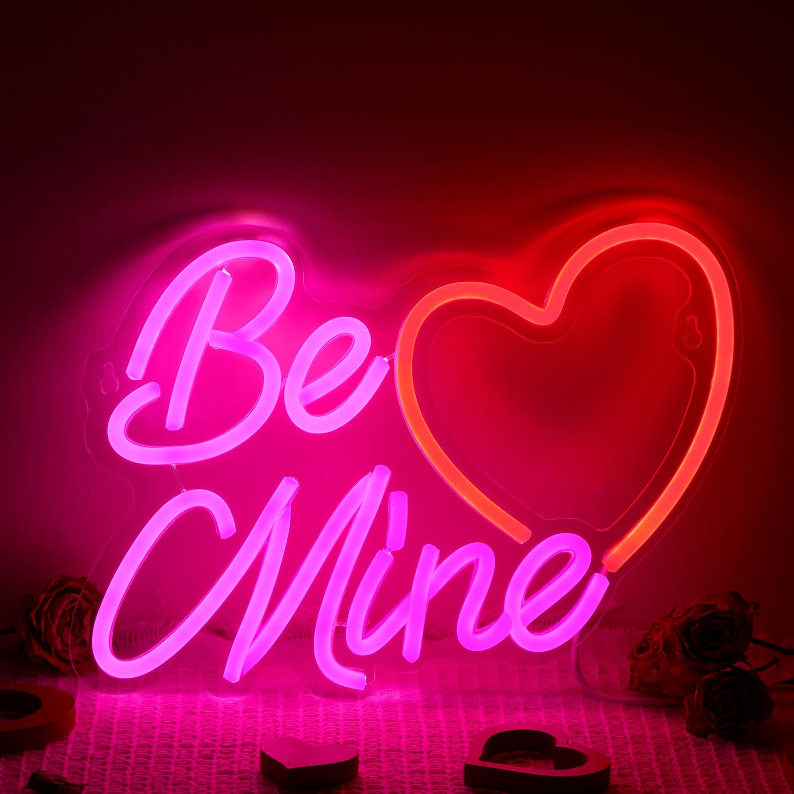 Huquary Neonowy znak w kształcie serca, walentynkowy znak "Be Mine" o wymiarach 40 x 21 cm, walentynkowa lampa okienna LED, zasilanie USB, na ślub, zaręczyny, dekoracja ścienna