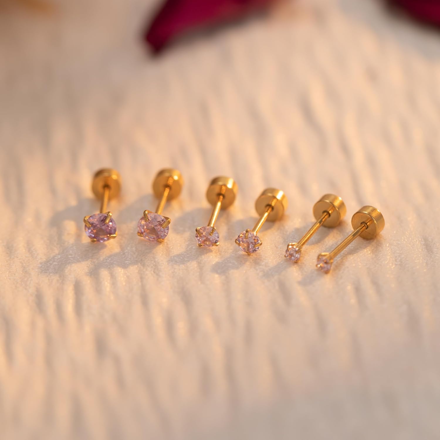 Hypoallergenic Gold Flat Back Stud Earrings for Women - 3 Pairs White/Purple/Pink CZ Screw Back Earrings Set for Cartilage, Helix, Earlobe & Multiple Piercings, Surgical Stainess Steel Safe for Sensitive Ears - Image 6
