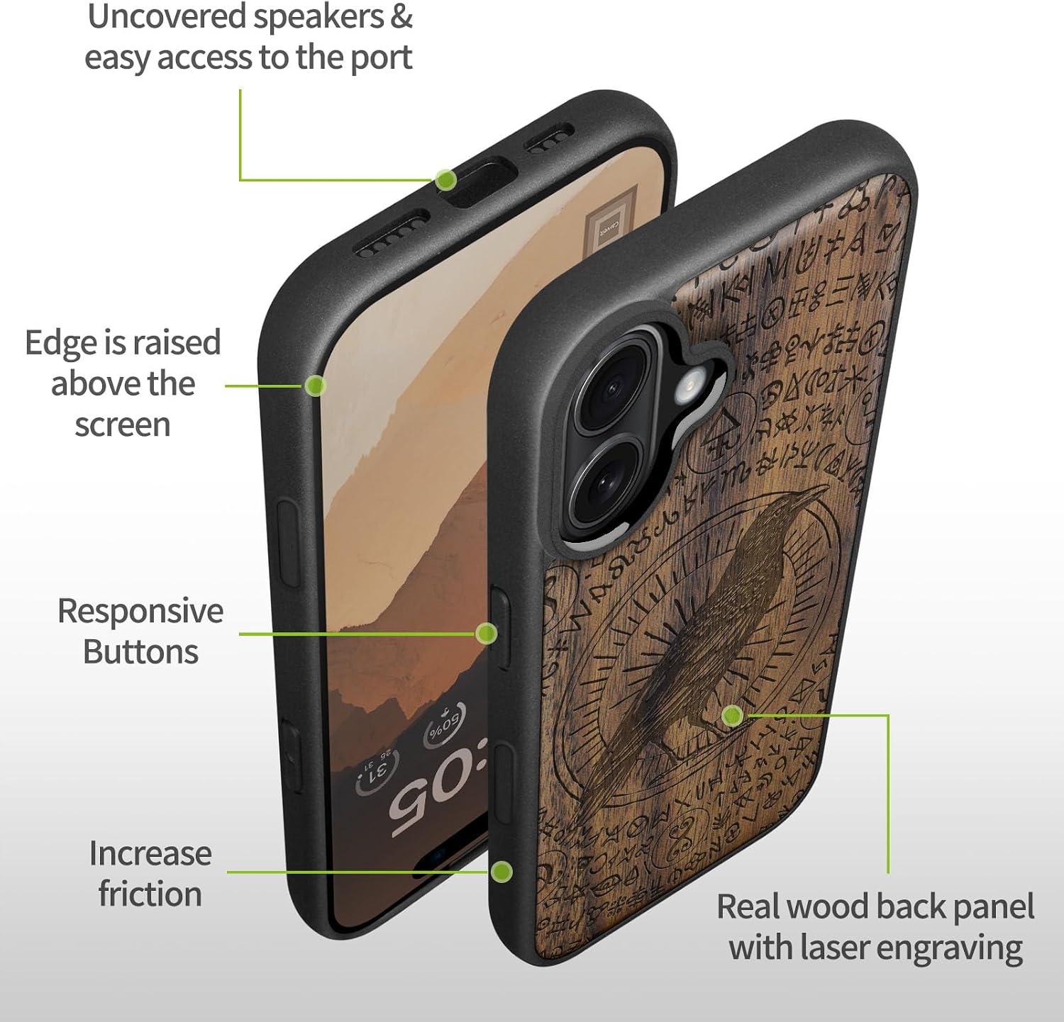 Carveit Magnetic Wooden Case for iPhone 16 Case, Wood Artisan Engraved & Black Soft TPU Shockproof Cover, Compatible with MagSafe Wireless Chargers (The Haloed Crow) Walnut