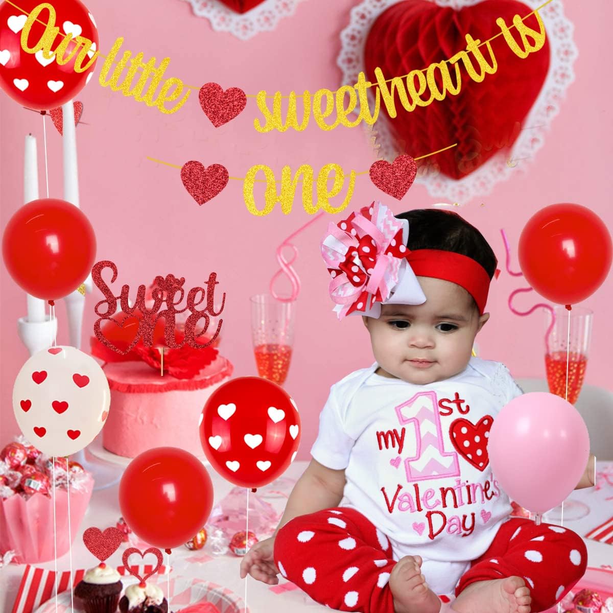 Valentine's 1st Birthday Party Decorations Our Little sweetheart is One Banner sweet One Cake Toppers Valentine's Party Balloons for Valentine's 1st Birthday Sweetheart Party Supplies