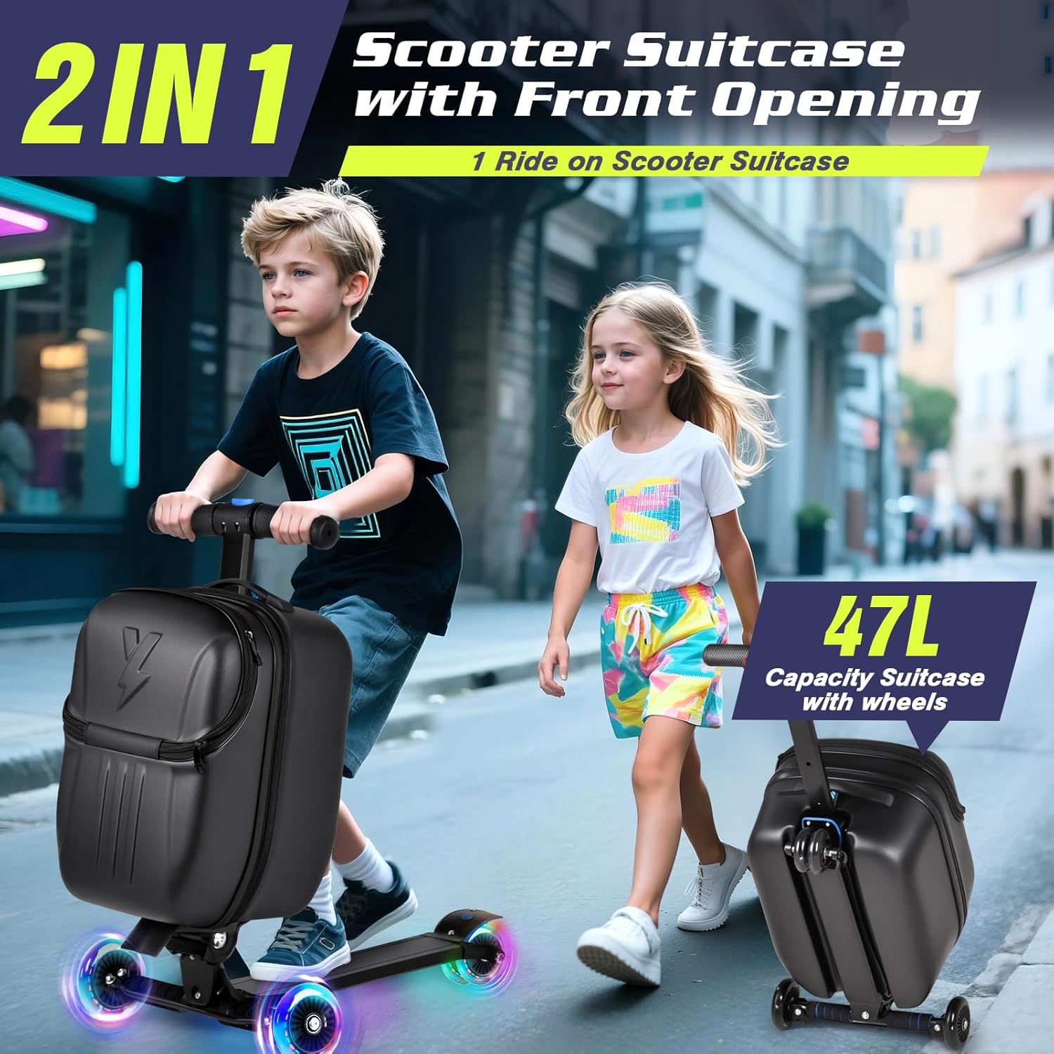 smilesun Foldable Ride On Scooter Suitcase with Front Opening, Lightweight Carry On Scooter Luggage for Adults, Teens & Kids（Black 20-inch）