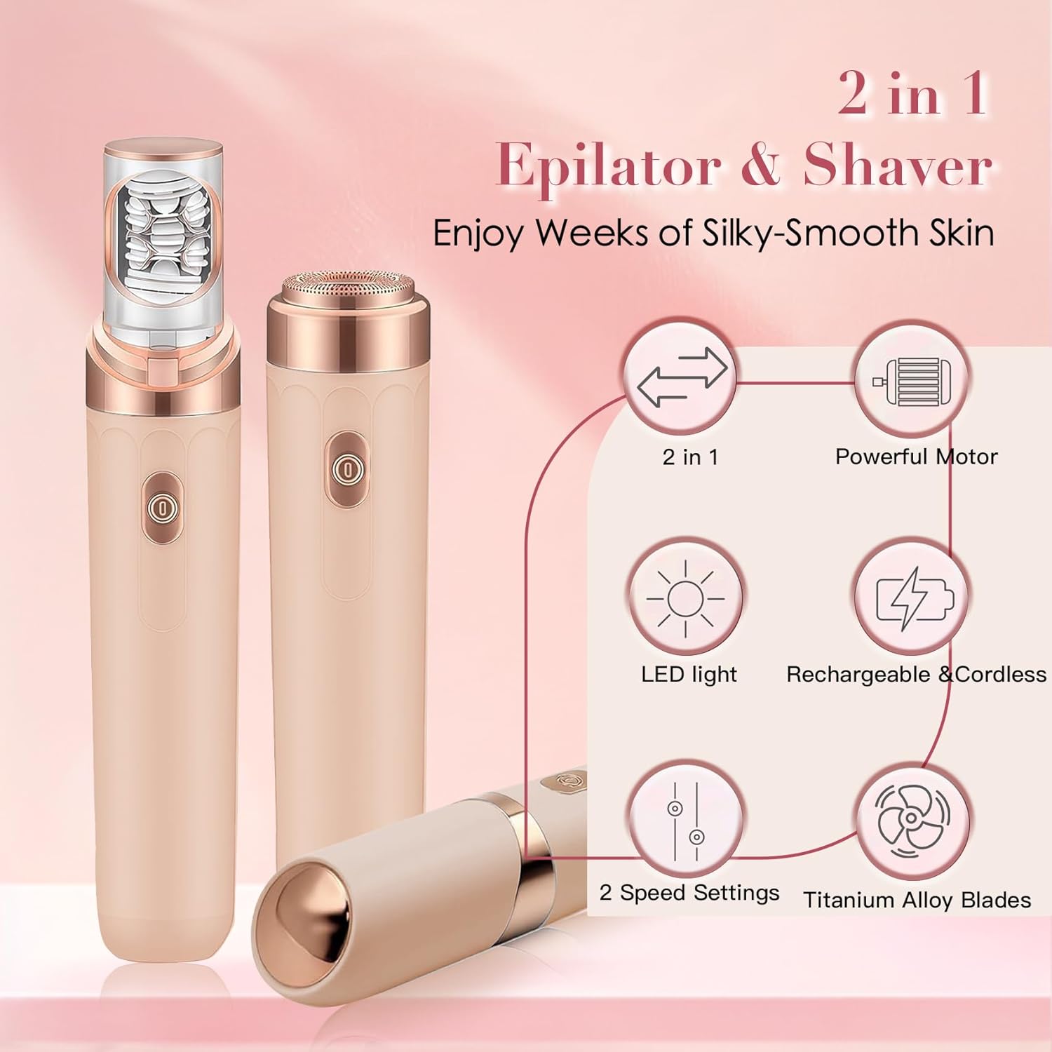 Epilator for Women, 2 in 1 Epilator & Shaver, Rechargeable Hair Removal Device with LED Light, for Face, Underarms, Legs, Travel Use（Pink）