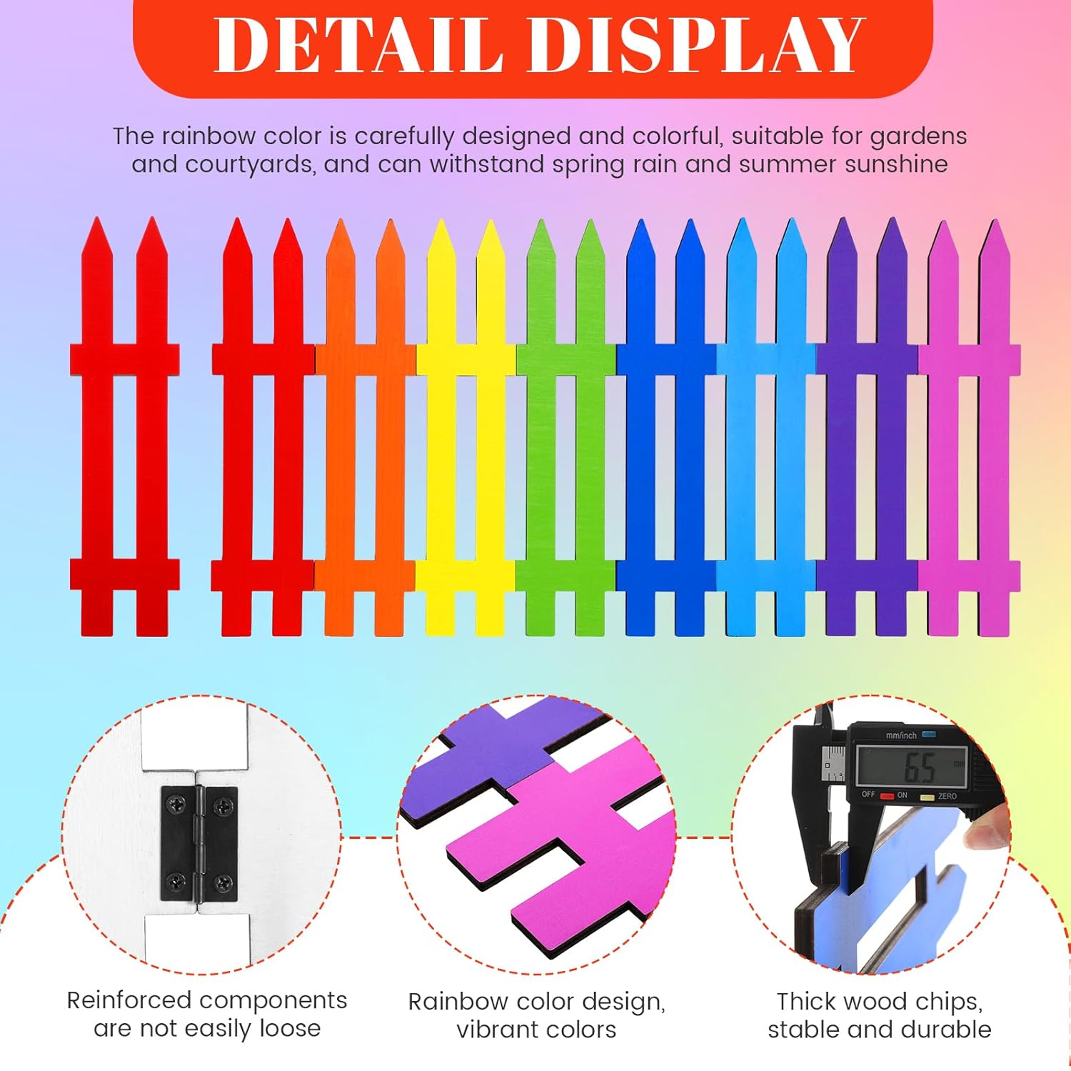 Chunful 16 Pcs Wooden Garden Fence Garden Border Edging Decorative 15.7" H x 63" Landscape Border Edging Ornamental Fence for Home School Lawn Flower Beds(Rainbow)