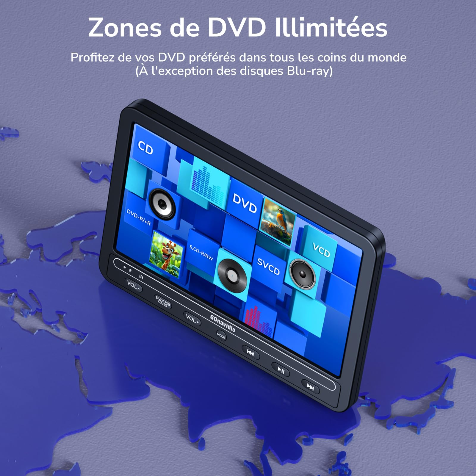 GOnavidio Lecteur DVD portable10,5 Pouces avec HDMI Input, 5 Heures de Batterie Rechargeable, Lecteur DVD Voiture, connecté au téléphone, ecran Enfant appuie tête Equipé Casque