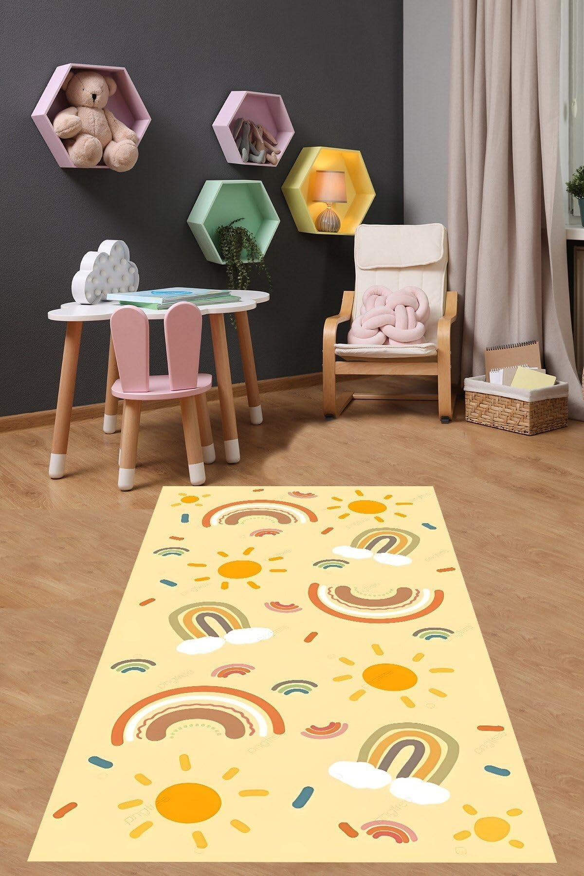 Pelangi Gökkuşağı Bohem İskandinav Tarzı Yıkanabilir Kaymaz Taban Leke Tutmaz Çocuk Odası Halısı, Sarı-Turuncu-Bej 180 x 250, 7642010818025005