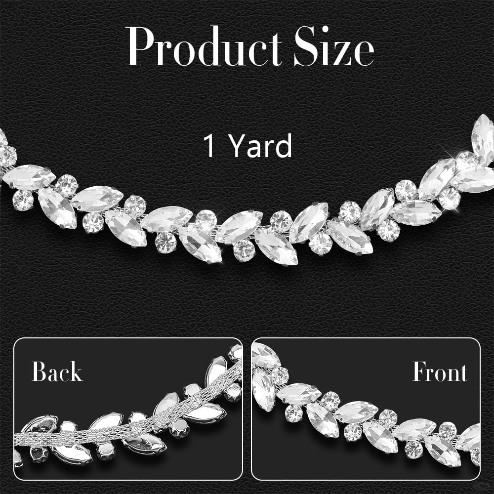 Rhinestone Chain Trim Sliver Crystal Chain Applique, Bling Rhinestone Trim Strips Diamond Belt Sewing for Dress Clothing DIY Party Wedding Decoration Bridal Costume Embellishment (1 Yards, Silver)