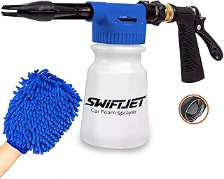 SwiftJet Car Wash Foam Gun Sprayer with Microfiber Wash Mit - Adjustable Water Pressure & Soap Ratio Dial - Foam Cannon Attaches to Any Garden Hose (Foam Sprayer with Wash Mit - Blue)
