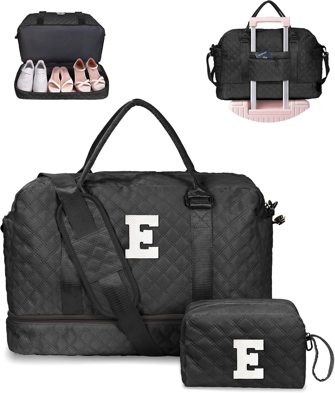 Initial Duffle Bag with Shoe Compartment, Personalized Weekender Bag with Shoulder Strap, Overnight Bag for Women with Trolley Sleeve & Wet Pocket, Travel Bag with Makeup Bag (Letter E)