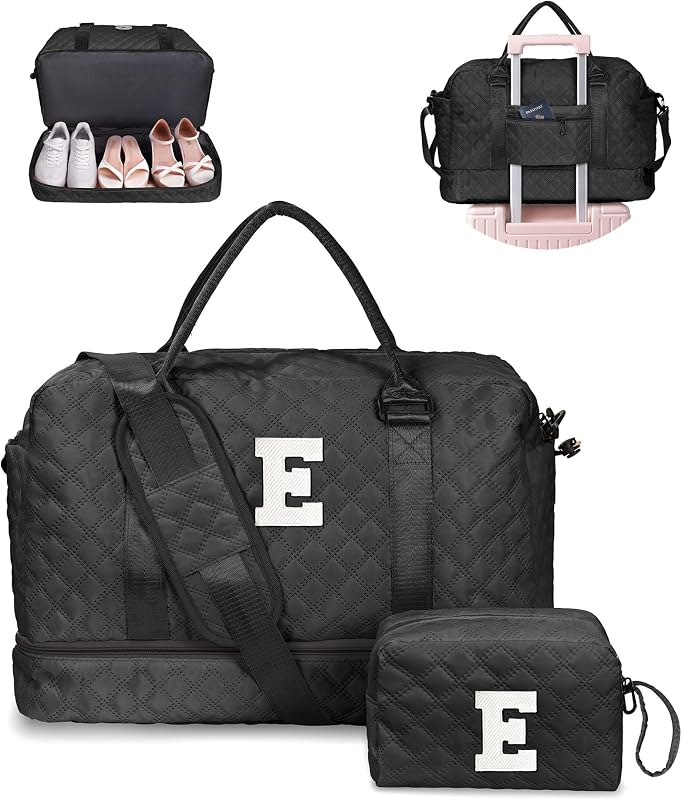 Bolsa de lona con inicial con compartimento para zapatos, WeekenderBag personalizada | con correa para el hombro, bolsos de noche para mujer con funda para carrito y bolsillo húmedo, bolsos de viaje con bolsa de maquillaje (letra E)
