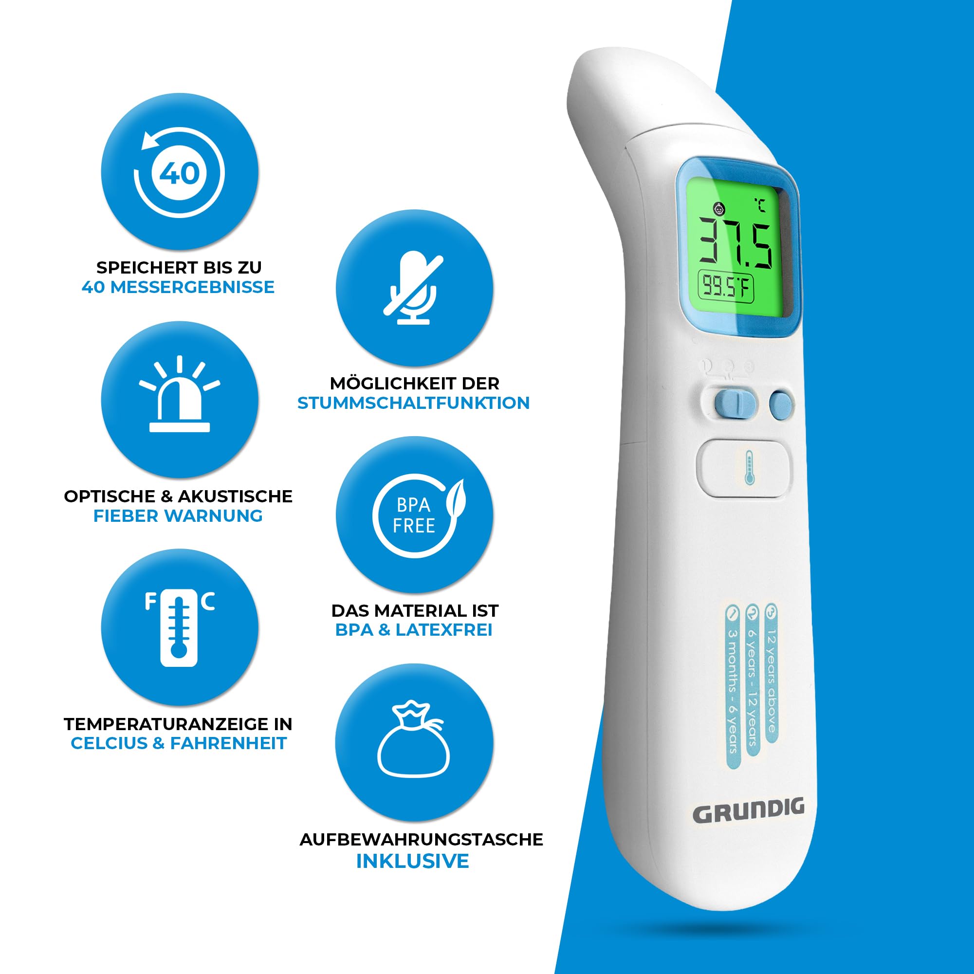 GRUNDIG Termómetro de fiebre ganador de la prueba – sin costes de seguimiento – Termómetro para bebés, niños y adultos, alta precisión, sin contacto y fiebre digital en la frente de la oreja y objetos