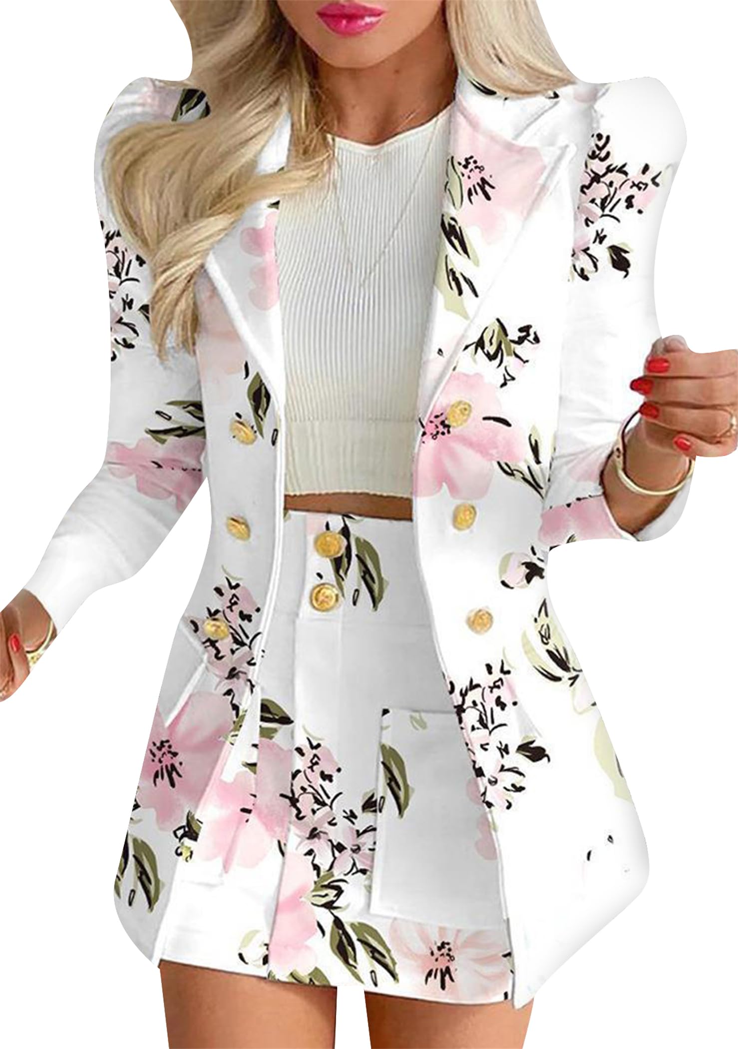OMZIN Femmes 2 Pièces Jupe Costume Set Affaires Occasionnels Manches Longues Slim Fit Blazer Et Mini Jupe Taille Haute