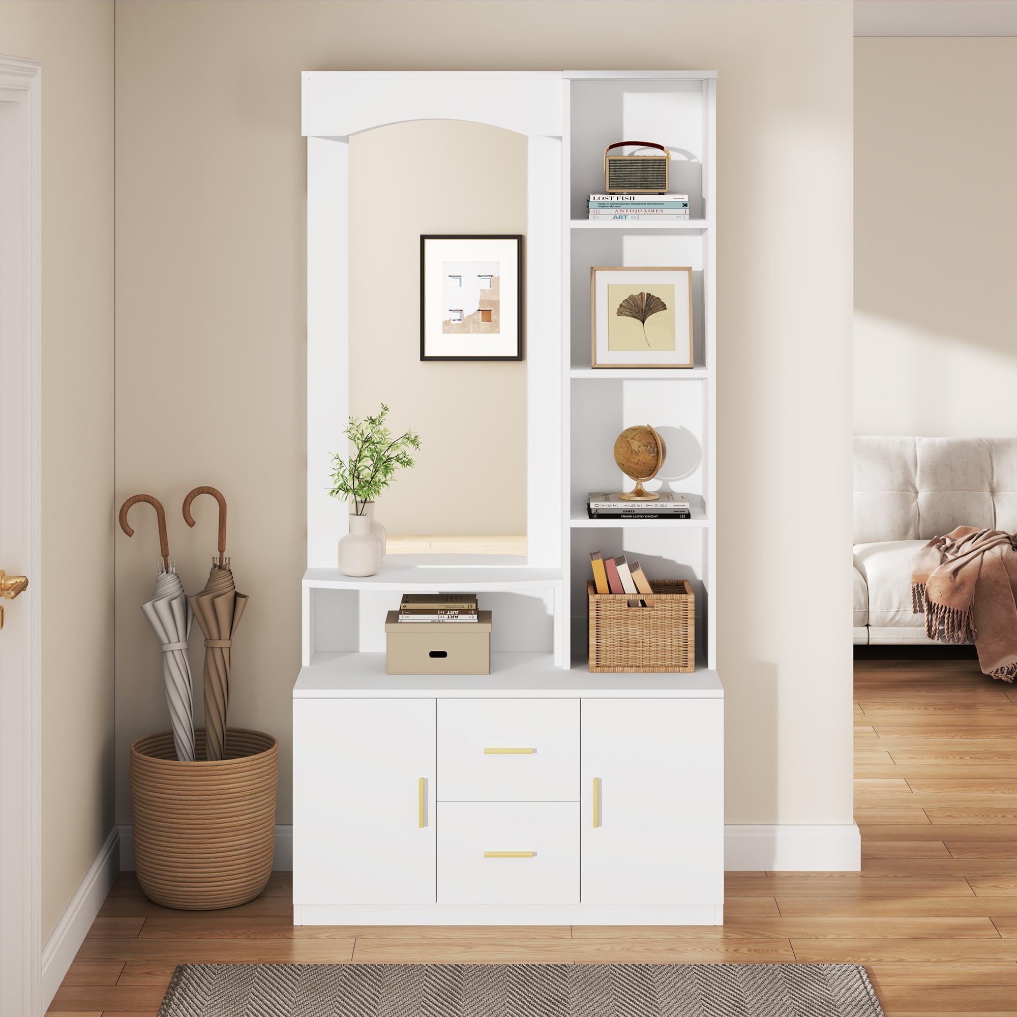 Juego de Perchero 90x40x180 cm Conjunto de Perchero Entrada Recibidor con Espejo y Estante, Perchero de Pasillo con 2 Cajones y Almacenamiento, Mueble de Entrada Multifuncional, Blanco