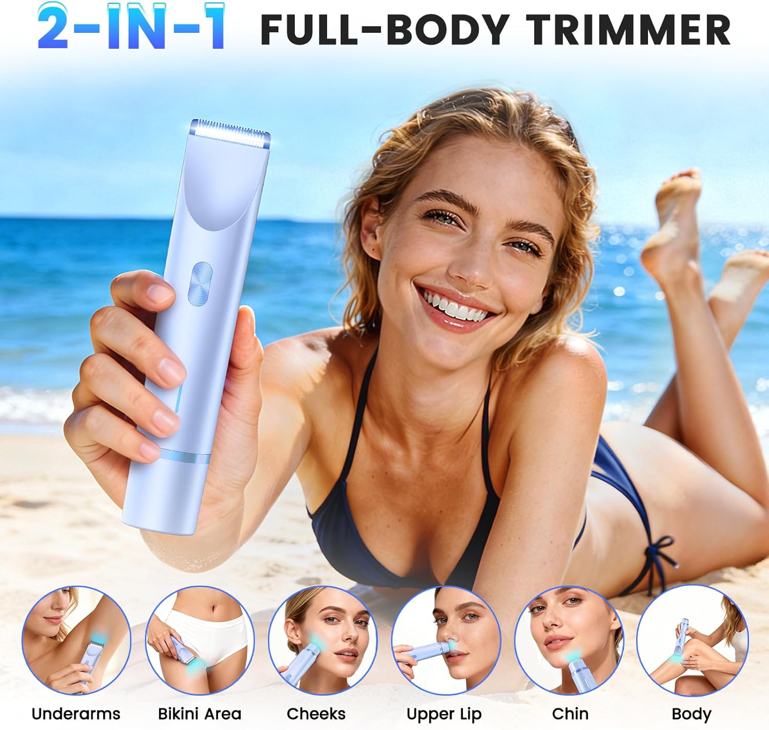 Bikini Trimmer for Women, 2-in-1 Electric Razor with Dual Head, IPX7 Waterproof Body Hair Trimmer for Pubic Hair, Legs, Underarms and Sensitive Areas, Cordless Rechargeable (Blue)