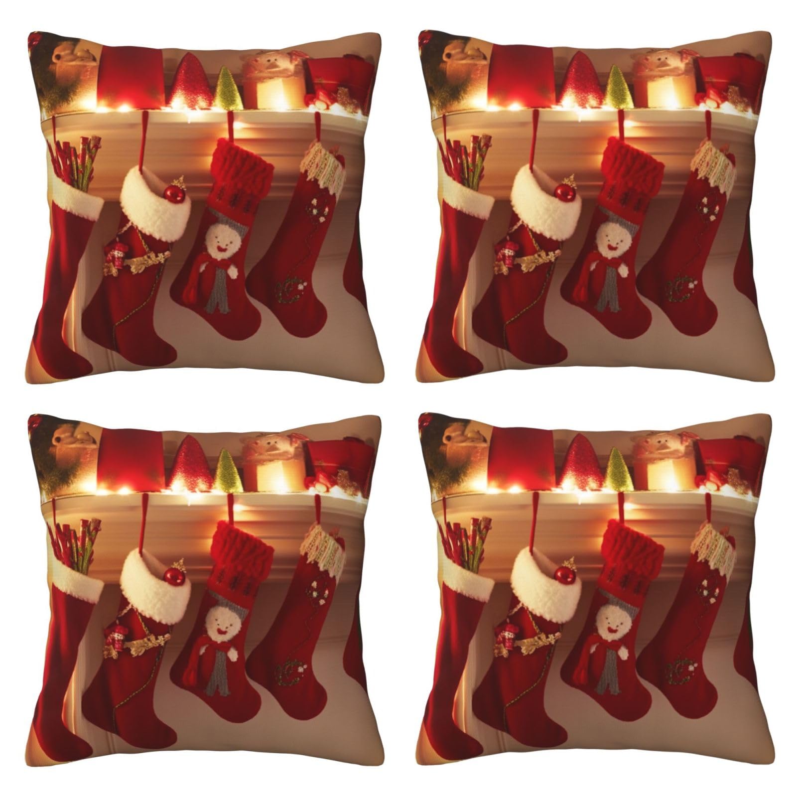 Merry Christams Stockings Throw Pillow Cases 4 Pack Square Pillowcases Super Soft Pillow Protectors With Zipper for Couch Livingroom Sofa Bed Office Car,45x45 CM
