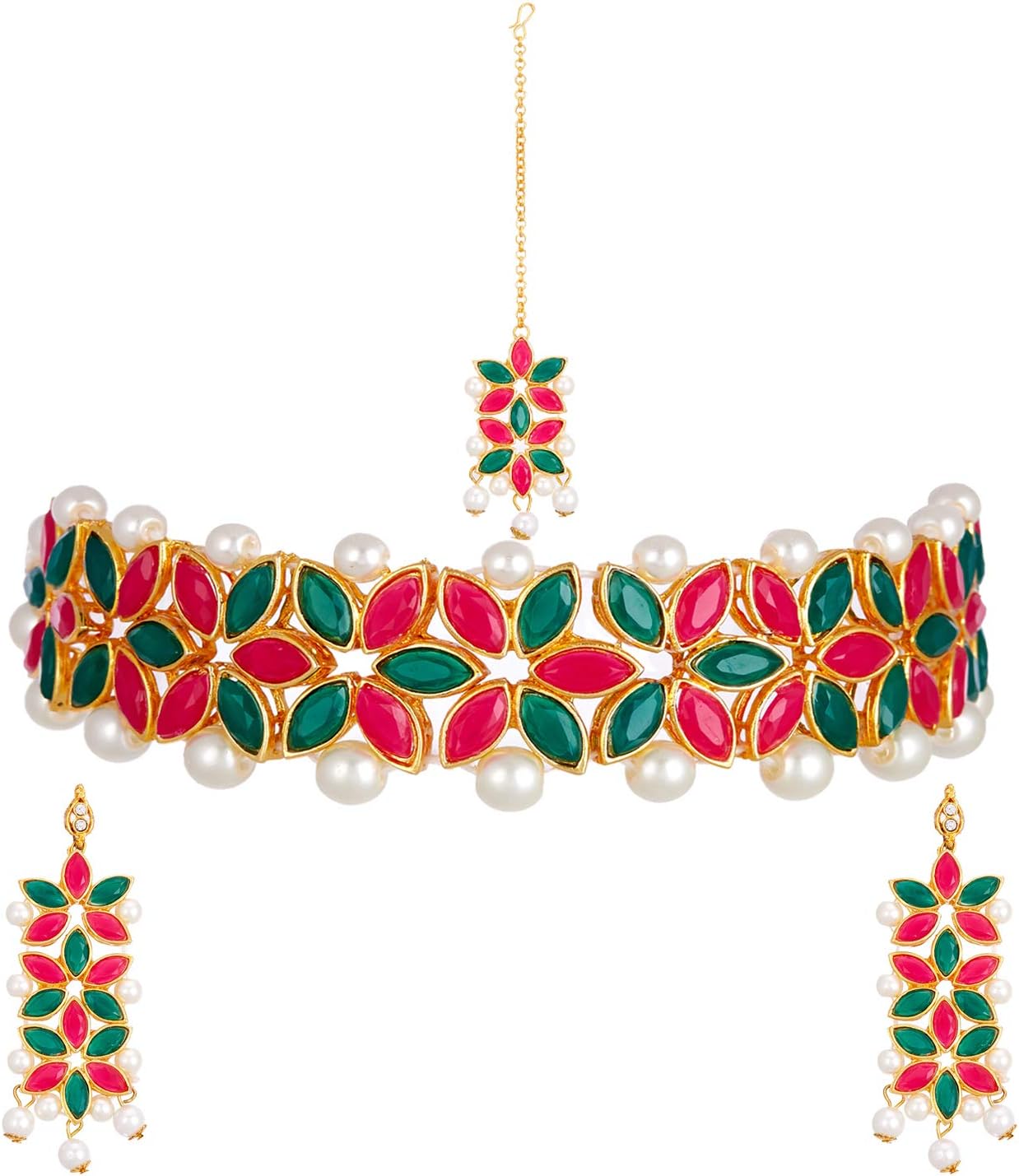 ZENEMEFlower Shaped Choker Wedding Necklace Earrings Maang Tikka Jewellery For Women (Red Green)