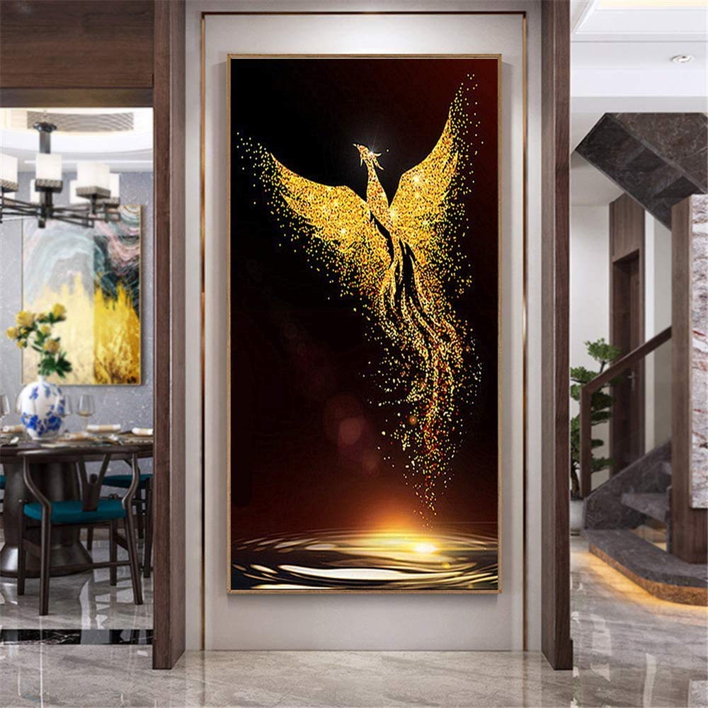 DIY 5D Golden Phoenix Diamond Painting per adulti, punta piena di strass, per decorazione della casa (60 x 120 cm)