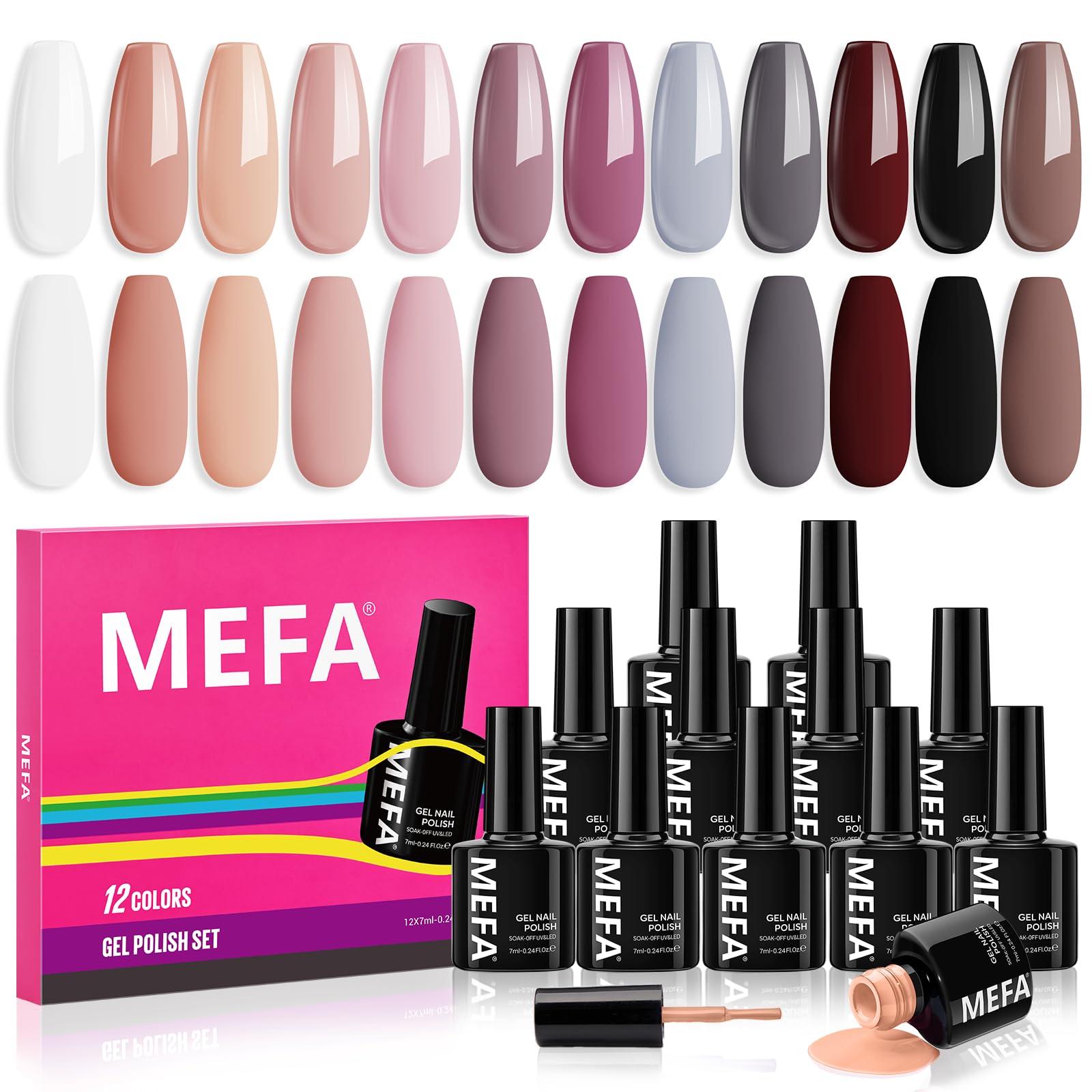 MEFA Esmaltes Semipermanentes para Uñas en Gel, 12 Colores Nude Neutro Negro Blanco Nude Rosa Kit Pintauñas Semipermanentes Uñas de Gel UV LED en Gel Nail Polish Esmalte Uñas para Manicura
