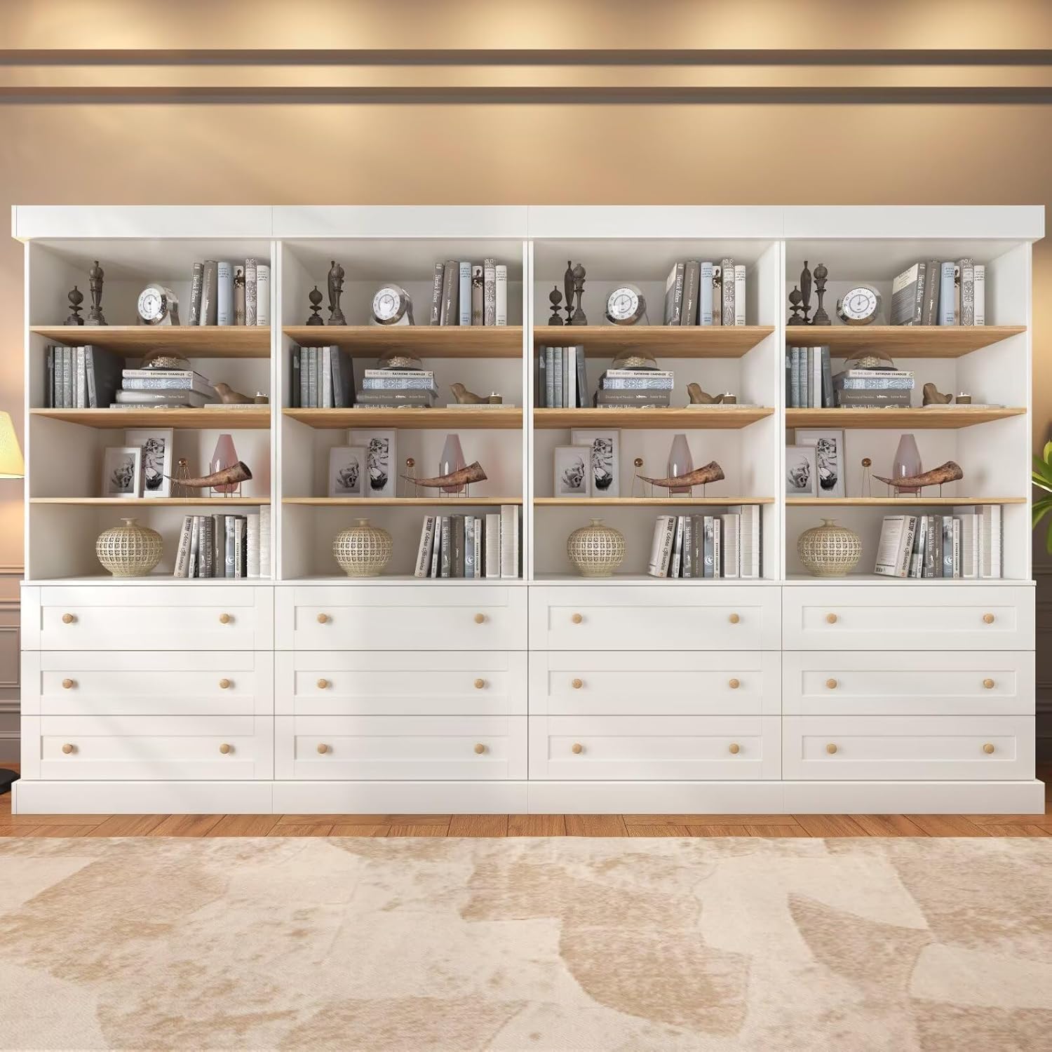 Vyre 71" Tall Farmhouse Bookshelves with Drawers, Set of 4 – Large Modular Bookcase with Adjustable Shelves, Storage Cabinet for Living Room, Kitchen, Home Office, Study, White