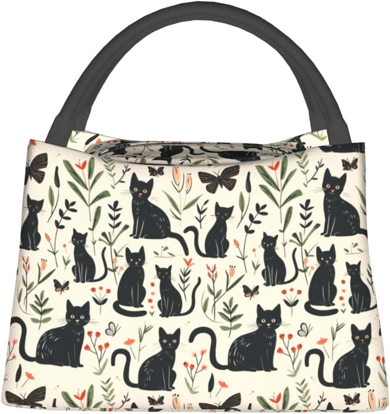 Cute Black Cat Floral Reusable Lunch Box, Lunchbox for Boys Girls Women, Insulated Lunchbag, 11in*6.3in*6.7in, Gifts Makeup Bag, Portable Handbag for School Picnic Work Travel Beach or Hiking