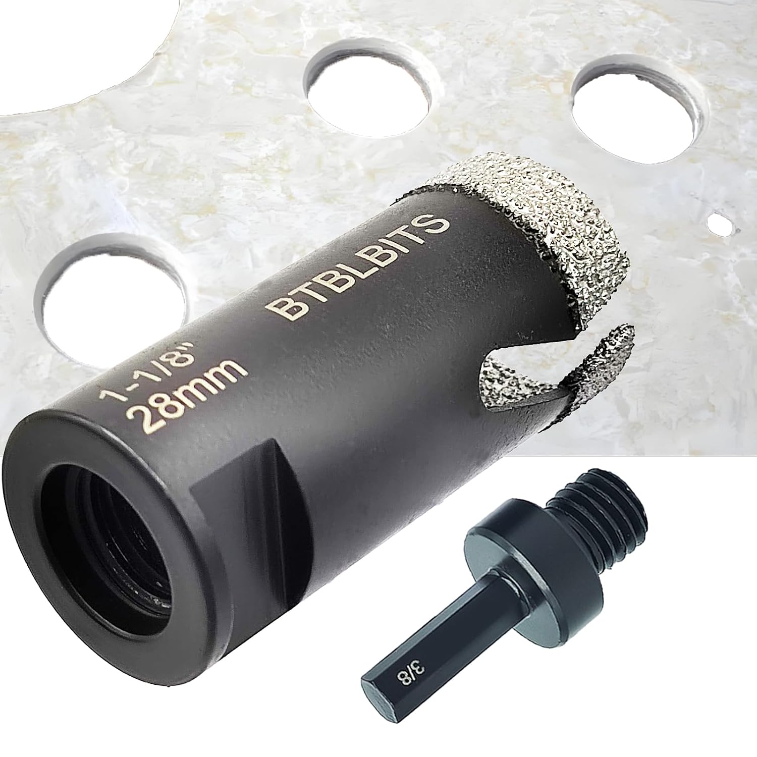 Diamond Core Drill Bit Set, 1-1/8" 28mm Tile Hole Saw for Tiles Granite Marble Ceramic Glass Porcelain Masonry, with 5/8-11 Thread and 3/8” Hex Shank Adapter for Angle Grinders & Drills