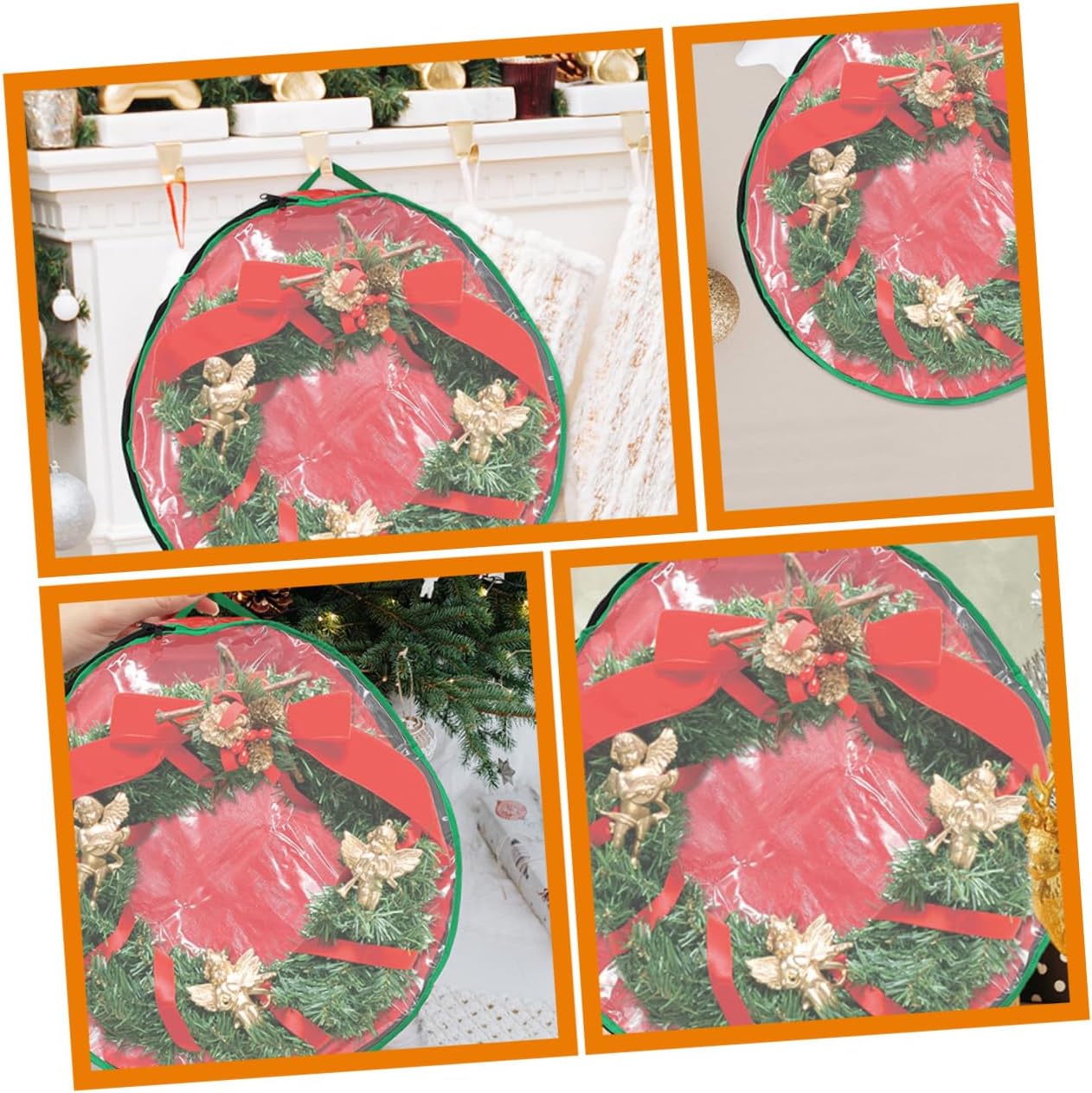 STOBAZA Christmas Garland Pouch Round Storage Bag Clear Window Foldable Wreath Holder Holiday Organizer Easy to Carry