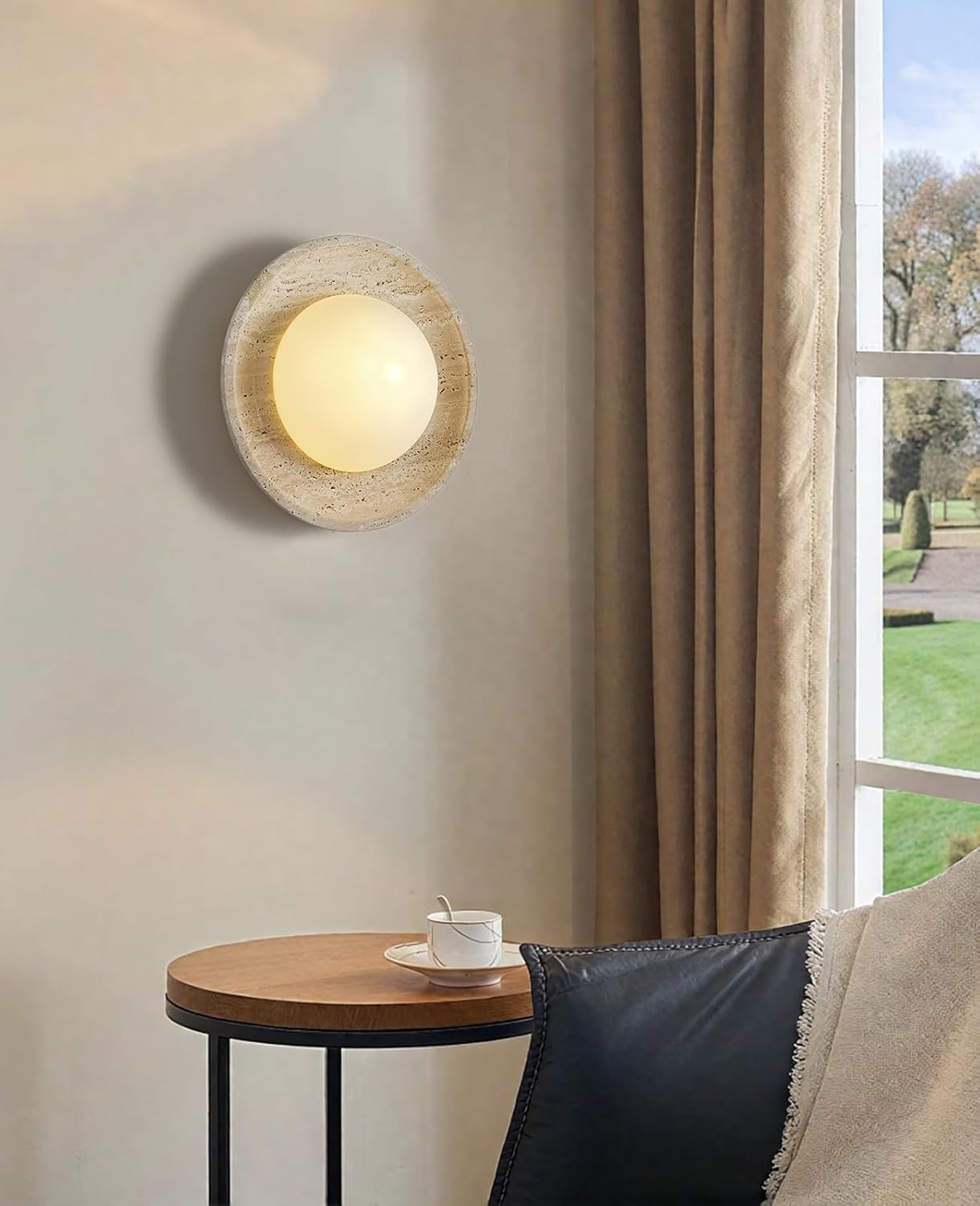 Yellow Travertine Wall Sconce 9.8" Natural Retro Stone Wall Sconces with Round Milk Glass Lampshade, Japanese Style Wabi Sabi Wall Light Fixture for Bedside Bedroom Living Room Kitchen Island