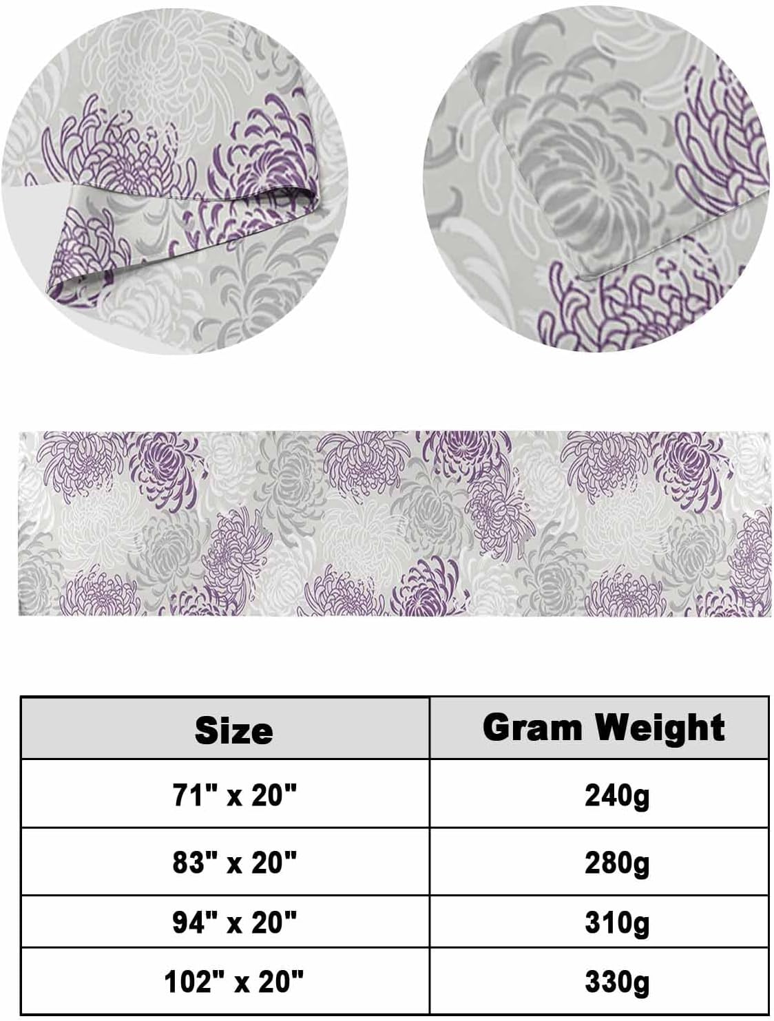 Purple White Bed Runner Scarf King Size,Abstract Grey Chrysanthemum Flower Floral Luxury Bed Throw Runners & Scarves for Twin Full Queen King Foot of Bed,Bedroom Hotel Wedding Room Decoration,94"x20"
