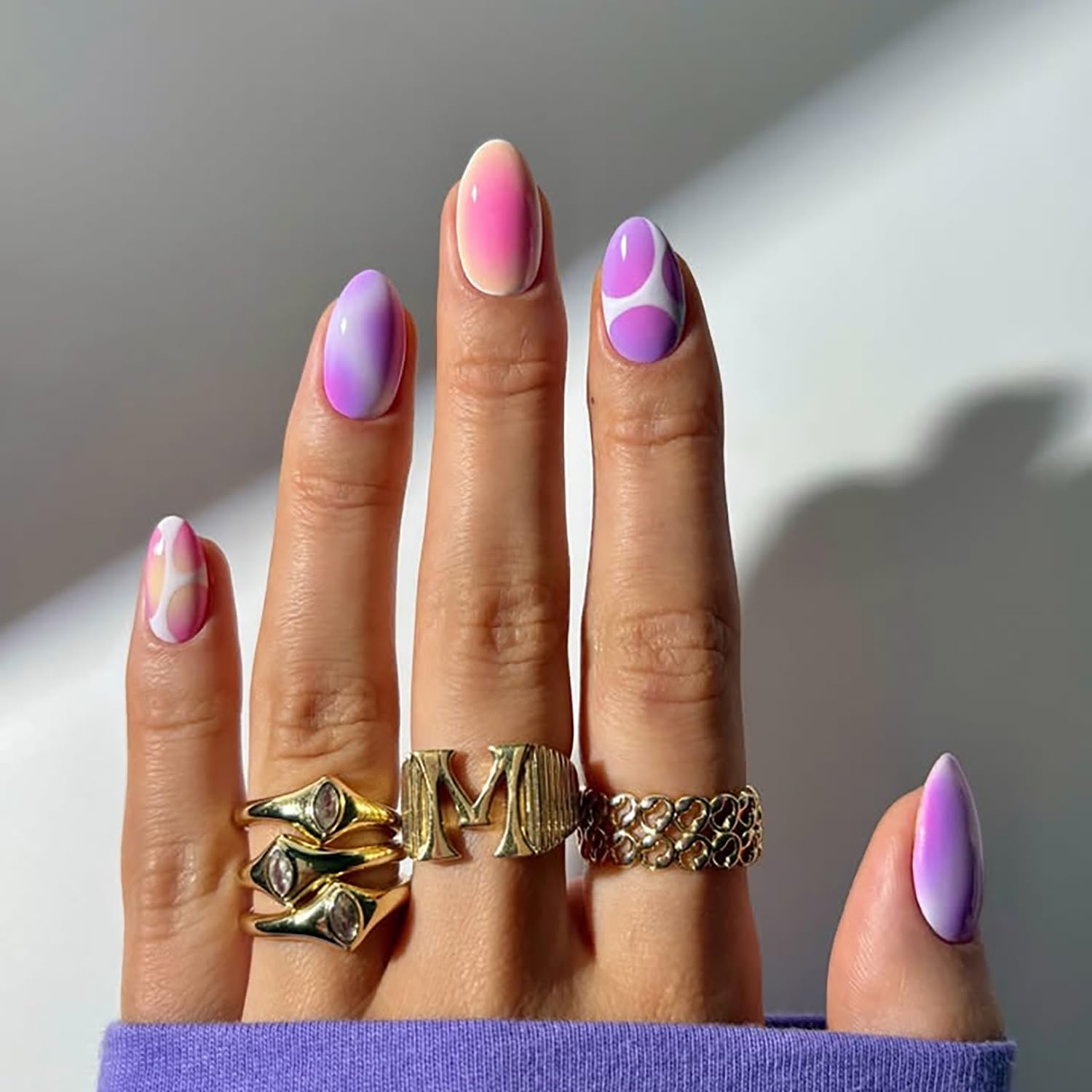 24Pcs Almond Press On Nails - Purple Gradient Design