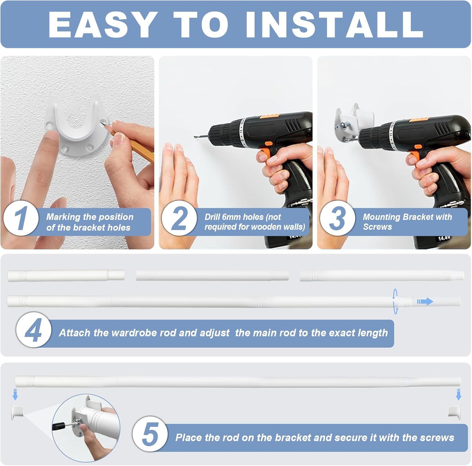 Closet Rods For Hanging Clothes,17-39 Inches Stepless Spring Adjustable Closet Rod With bracket U-shaped,1.3 Inches Heavy Duty White Closet Hanging Rod For Wardrobe,Laundry room,Bathroom And Windows