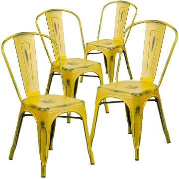 Flash Furniture Silla de metal envejecido, amarilla, juego de 4