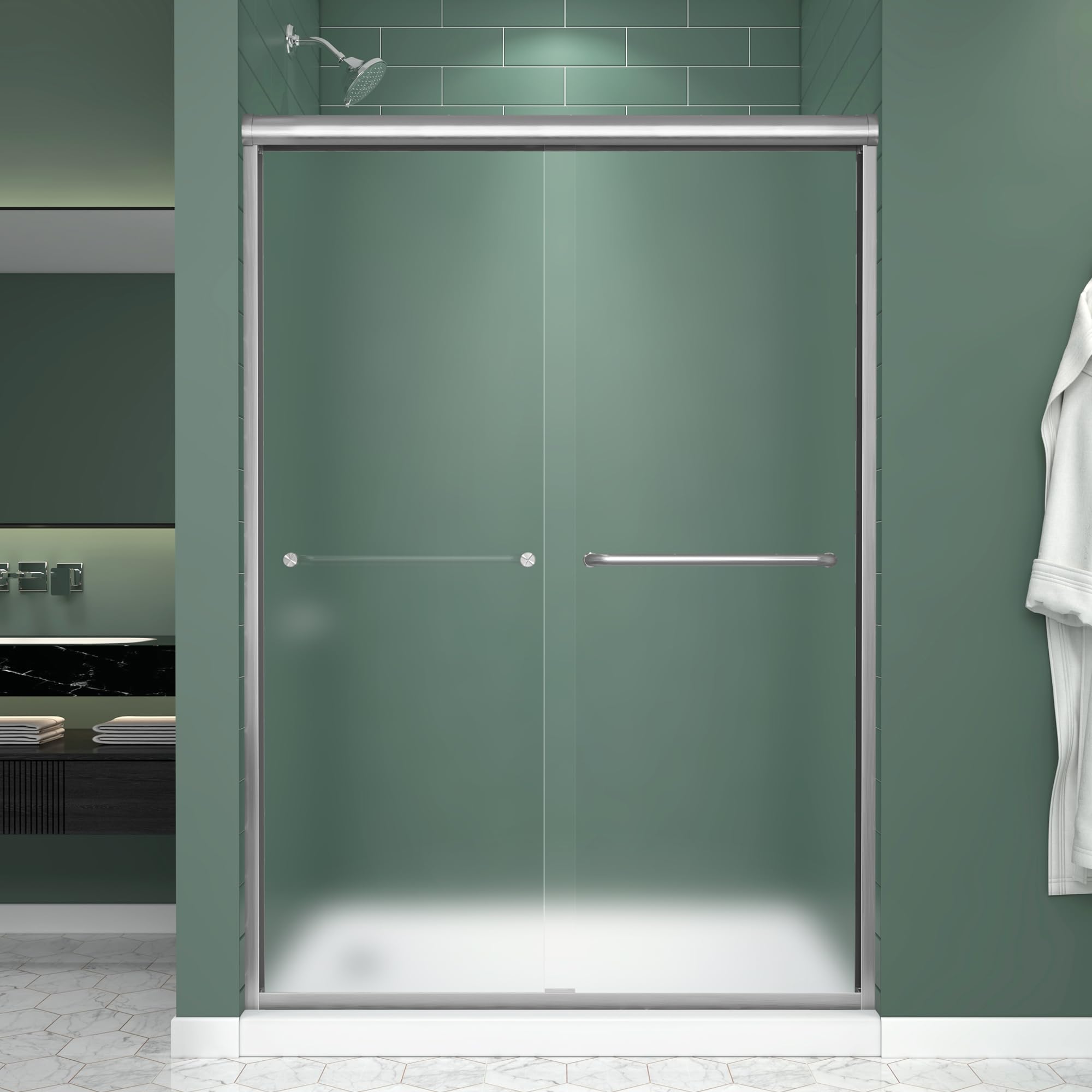 Frosted Double Sliding Shower Door 43-43-48" W x 70" H, Brushed Nickel, Bypass Shower Door, Framed, 1/4" (6mm) Tempered Glass