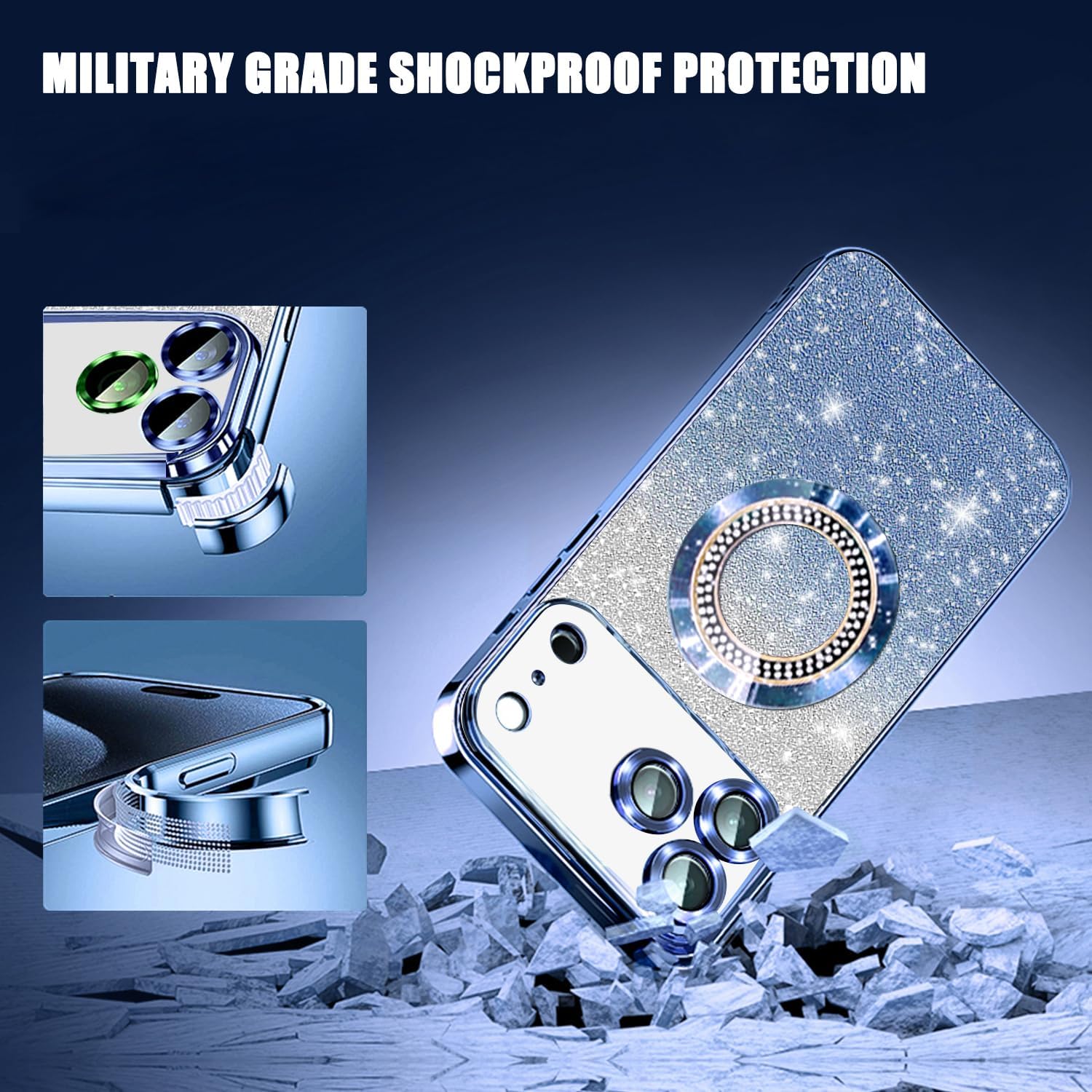 Misscase for iPhone 17 Pro Magnetic Glitter Case Compatible with MagSafe,Full Protection Slim Shockproof Anti-Scratch Case with Camera Lens Protector Plating Bling Dust-Proof Net Blue - Image 4