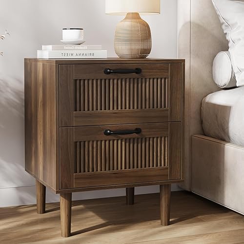 Fluted Nightstand with 2 Drawers, Bedside Table with Solid Wood