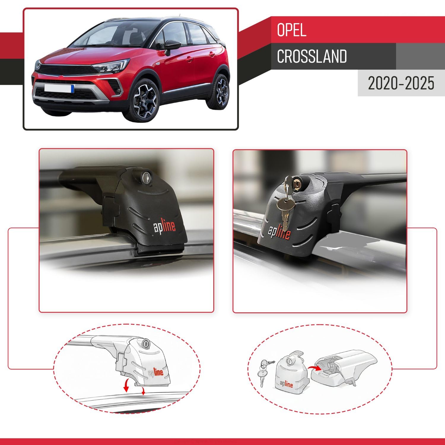Compatible avec Opel Crossland 2020-2024 ACE-2 Barres de Toit Railing Porte-Bagages de Voiture Noir Aluminium 2 Barres