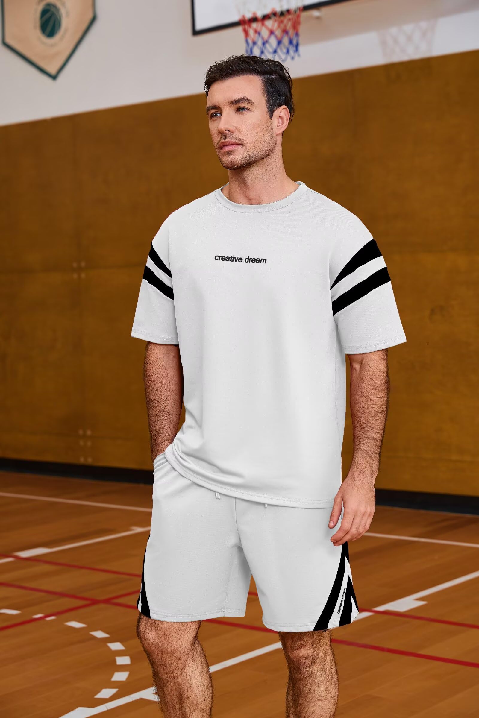Remxi Tuta da uomo in 2 pezzi, set estivo corto da uomo, maglietta a righe e pantaloni, tuta casual