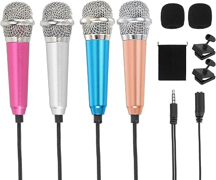 MECCANIXITY 4Pcs Mini Microphone, Mic Tiny Microphone with Sponge Cover, Holder and Drawstring Bag Portable for Karaoke Voice Video Recording Singing Rose Red/Silver/Blue/Gold