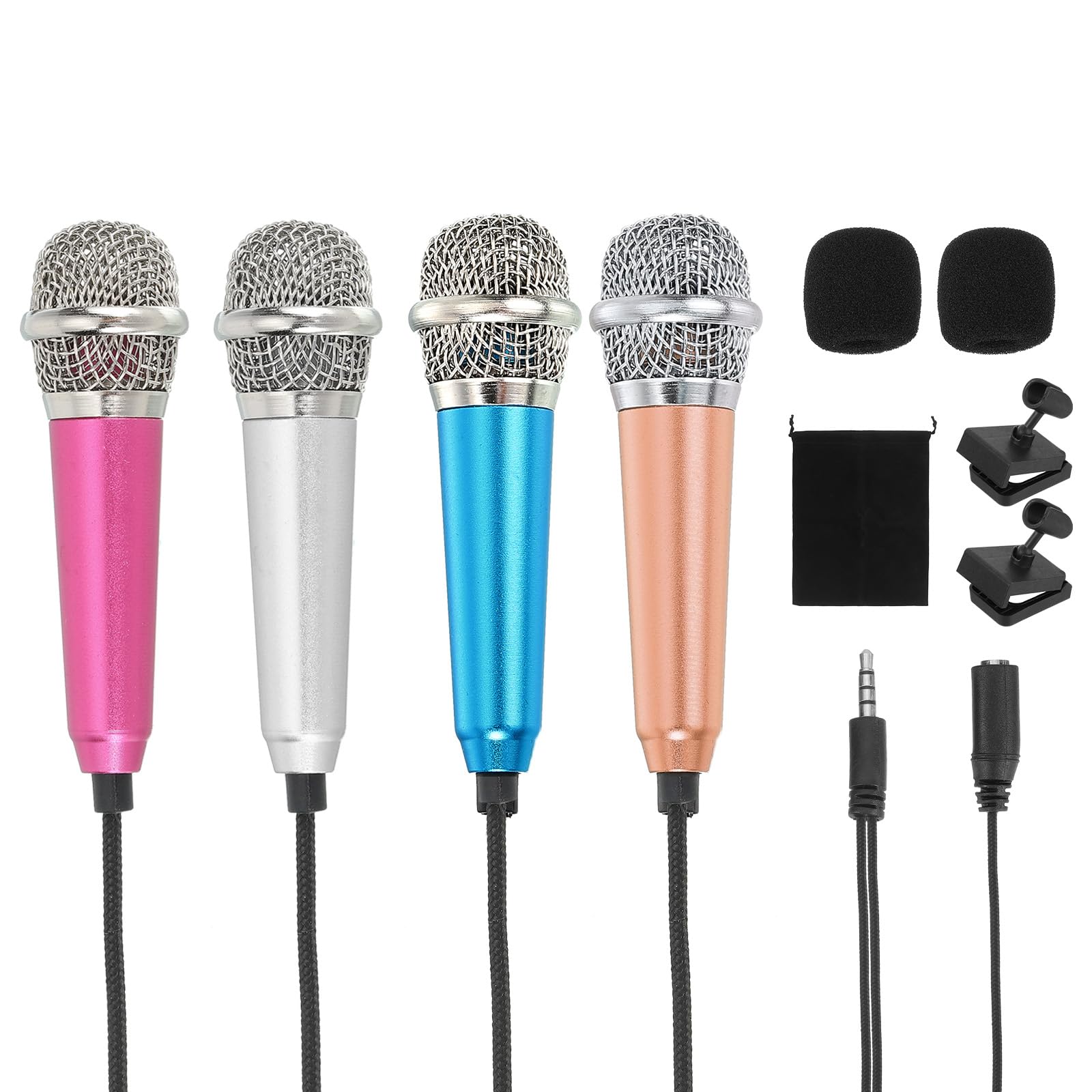 MECCANIXITY 4Pcs Mini Microphone, Mic Tiny Microphone with Sponge Cover, Holder and Drawstring Bag Portable for Karaoke Voice Video Recording Singing (Rose Red/Silver/Blue/Gold)