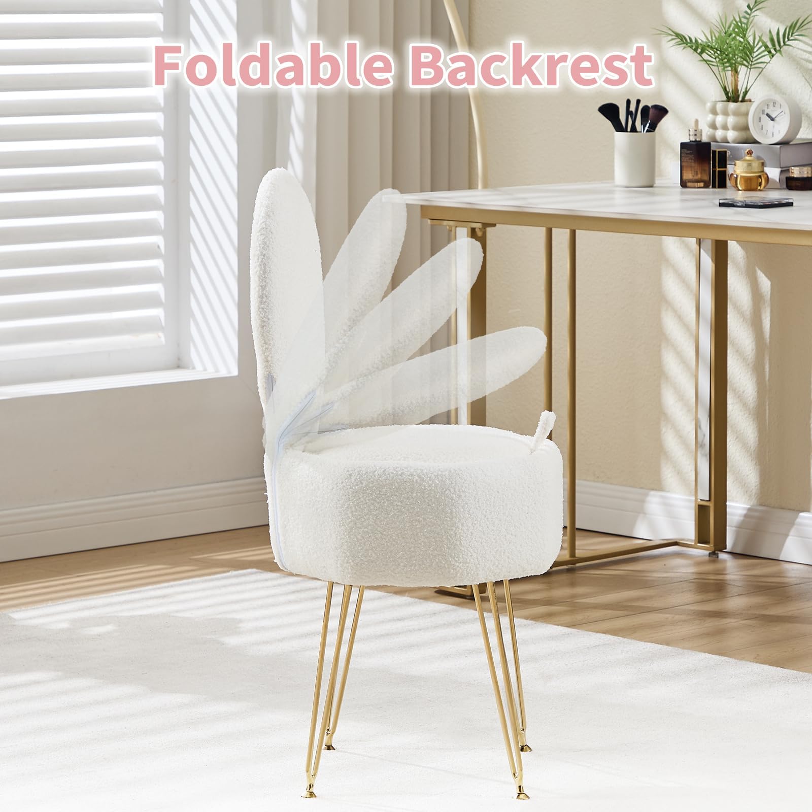 Silla de maquillaje con 9 l de espacio de almacenamiento y respaldo plegable, taburete de maquillaje de felpa Sherpa con cojín, para tocador y dormitorio, color blanco