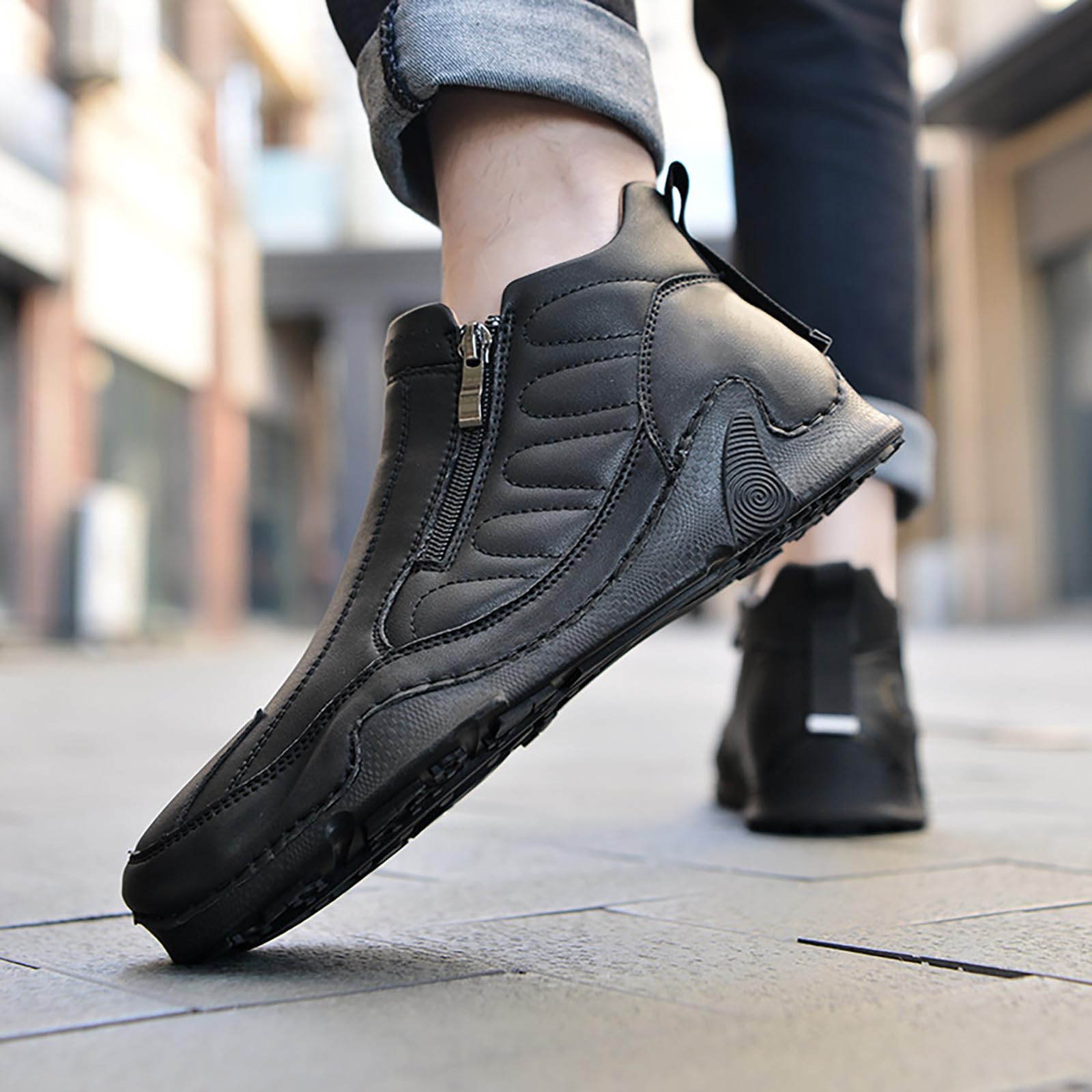 Generisch Lederschuhe Herren Halbhoch Walking Schuhe Herren Breit Outdoorschuhe Ruschfest Fitnessschuhe Flache Sohle Schlupfschuhe Einfarbig Trekkingschuhe Bequem Komfortschuhe Einfarbig Stiefeletten