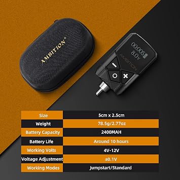 Tattoo Power Supply - Ambition Kuark Mini Wireless Portable RCA Tattoo 2400mAh Lithium Battery Pack with LED Digital Display for Rotary Tattoo Machine